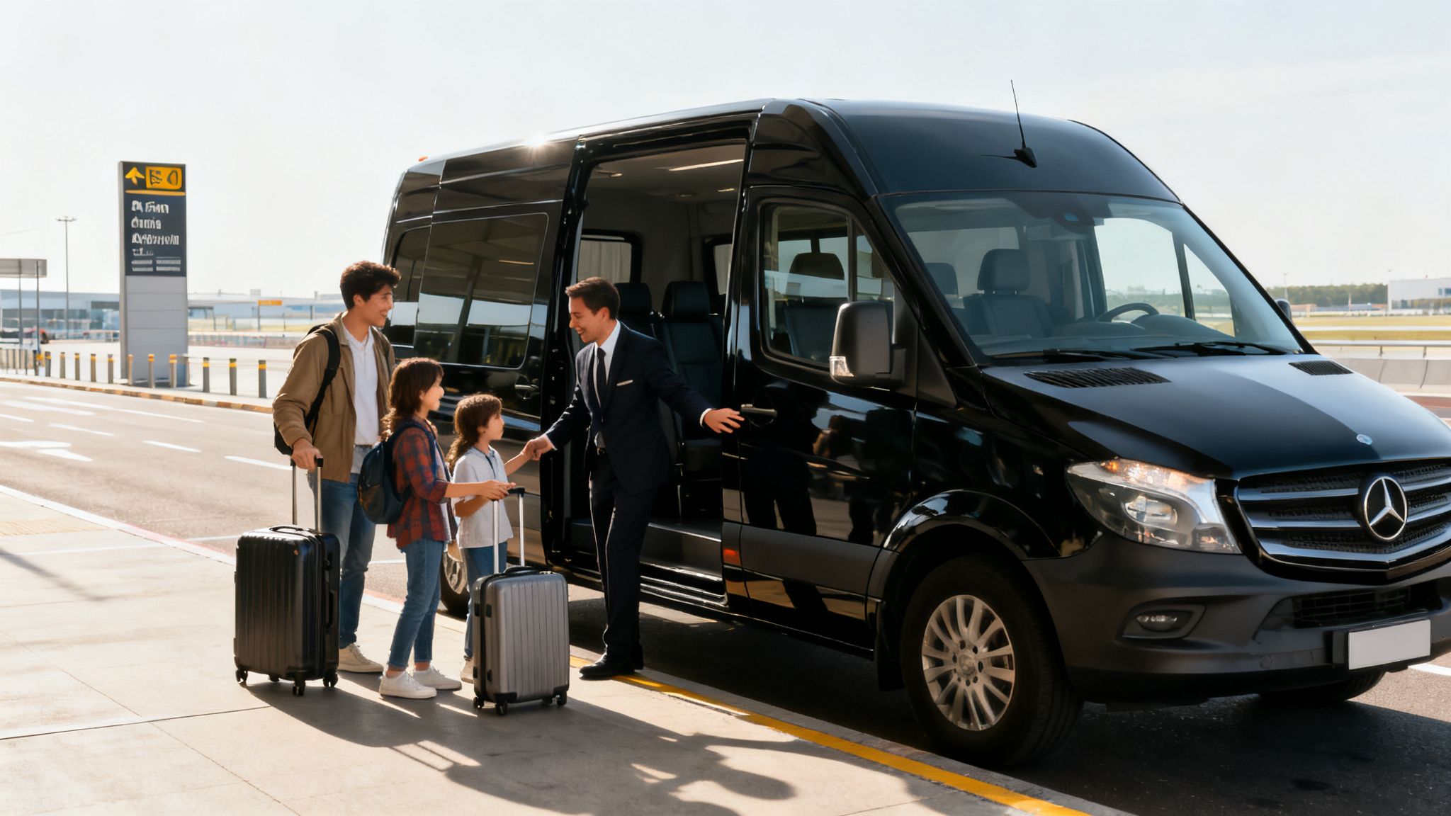 Chauffeur helps a family with luggage into a black luxury van at an airport terminal.