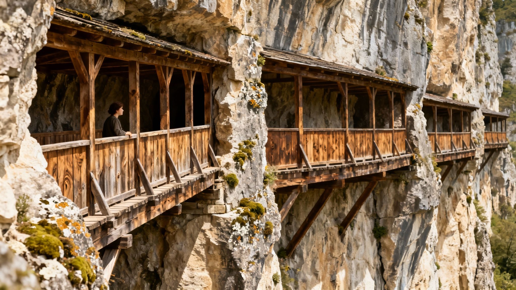 A person stands on a wooden balcony built into a cliff face, overlooking a scenic gorge.