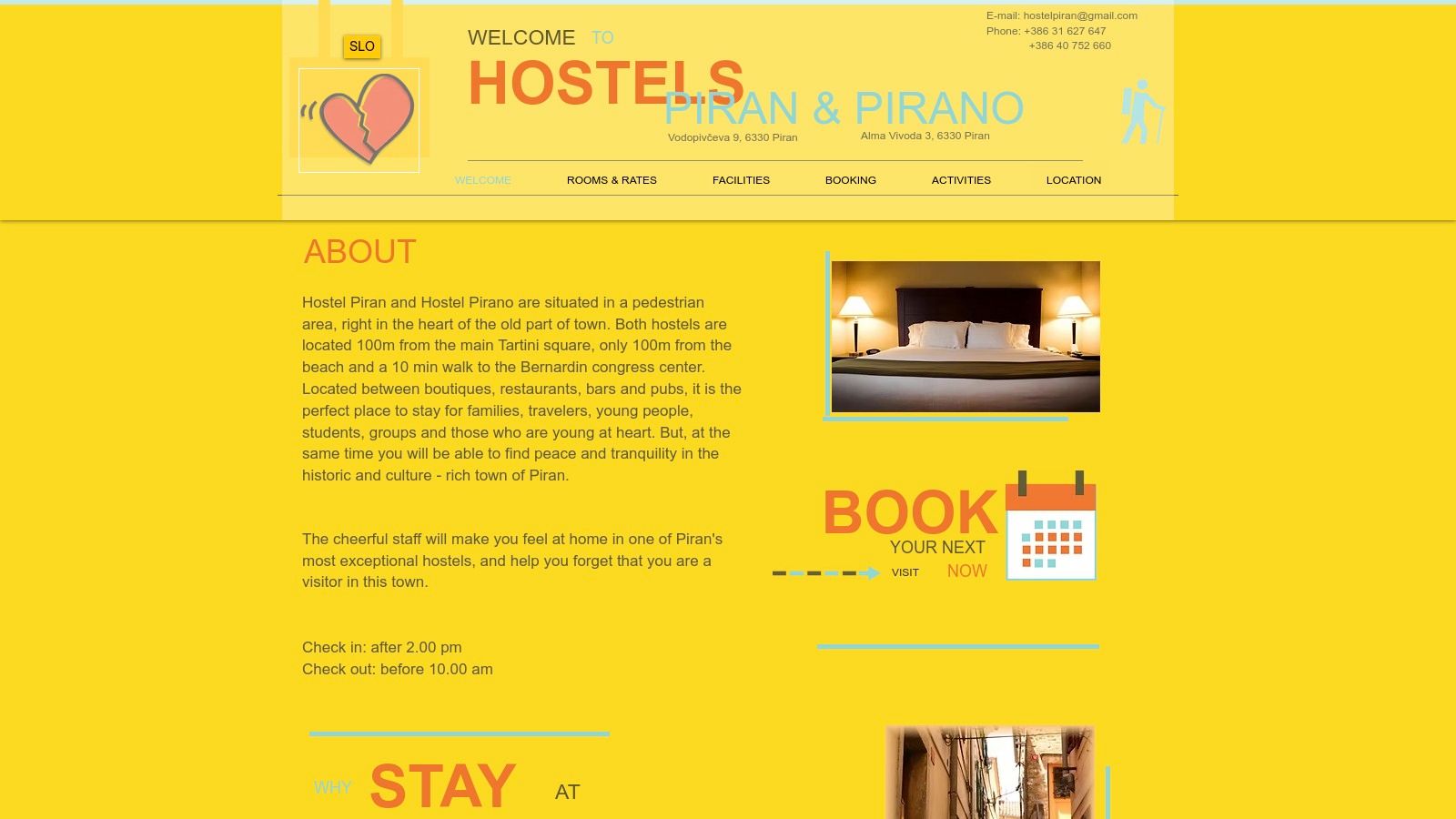 A screenshot of the official Hostel Piran website homepage.
