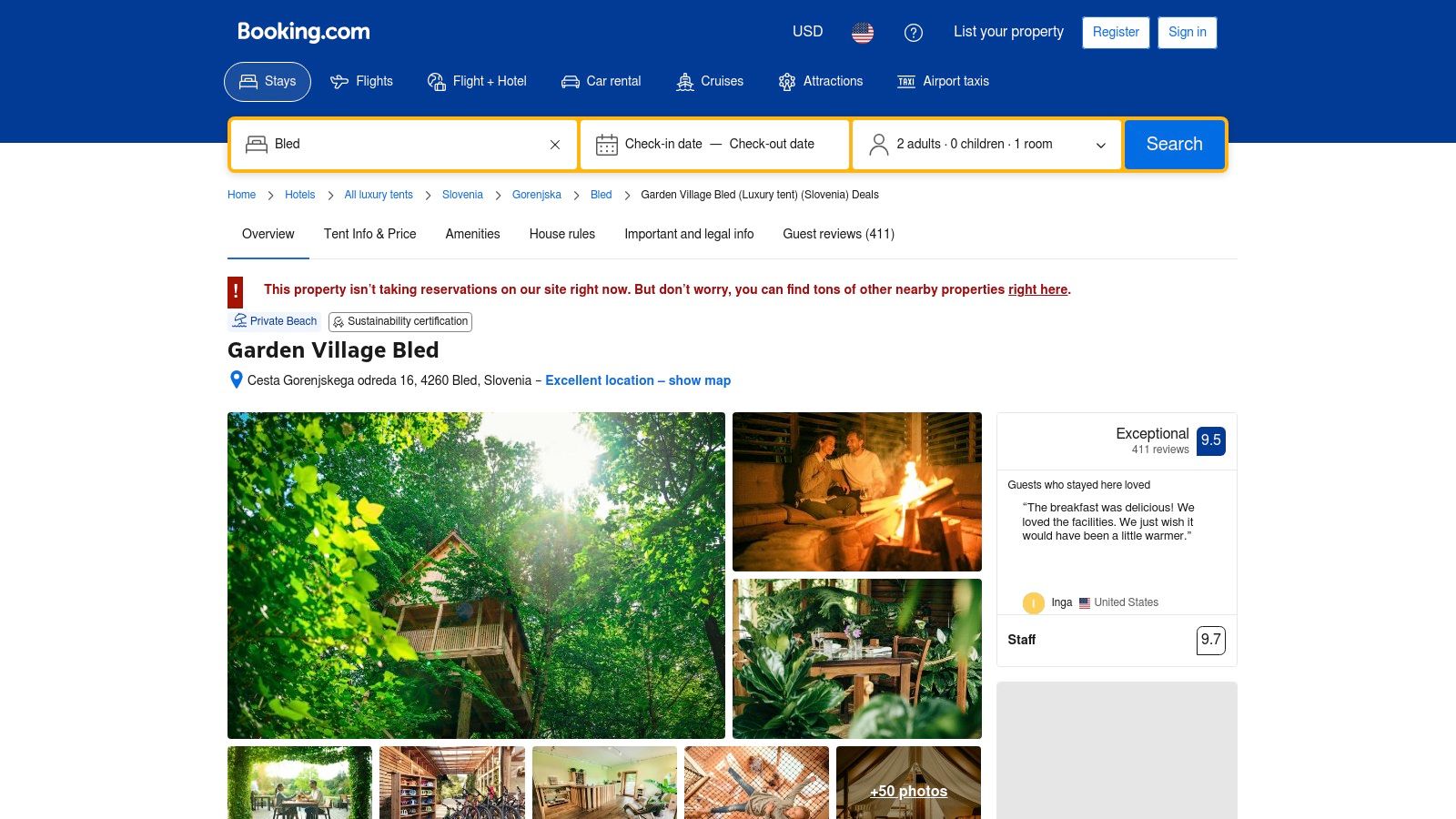 Booking.com – Garden Village Bled page