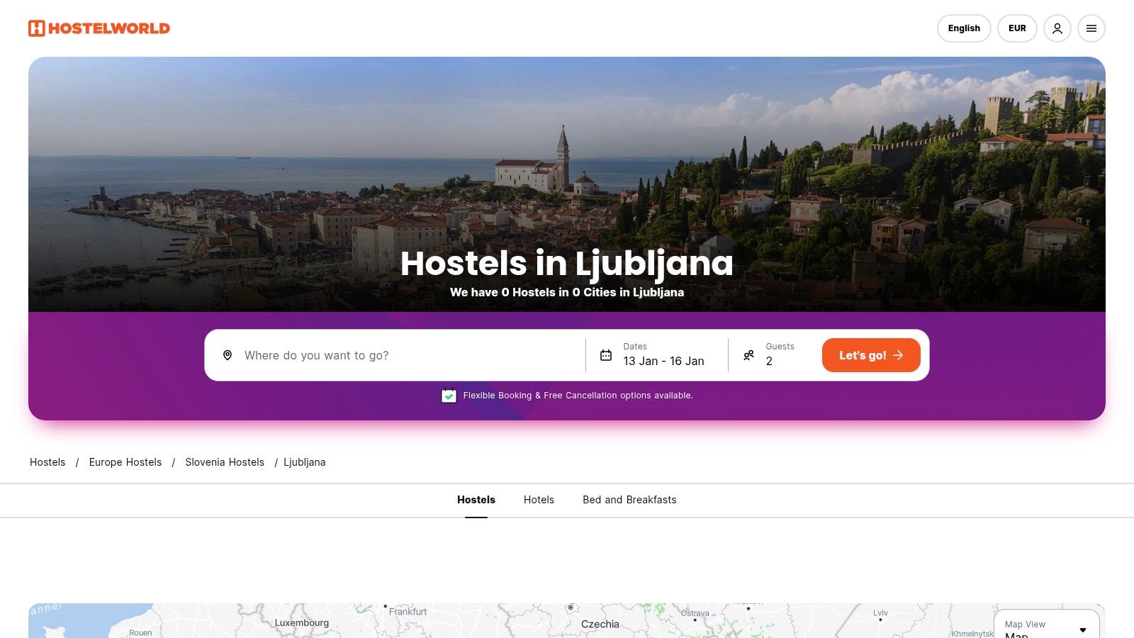 Hostelworld search results page for hostels in Ljubljana, Slovenia, showing various properties with ratings and prices.