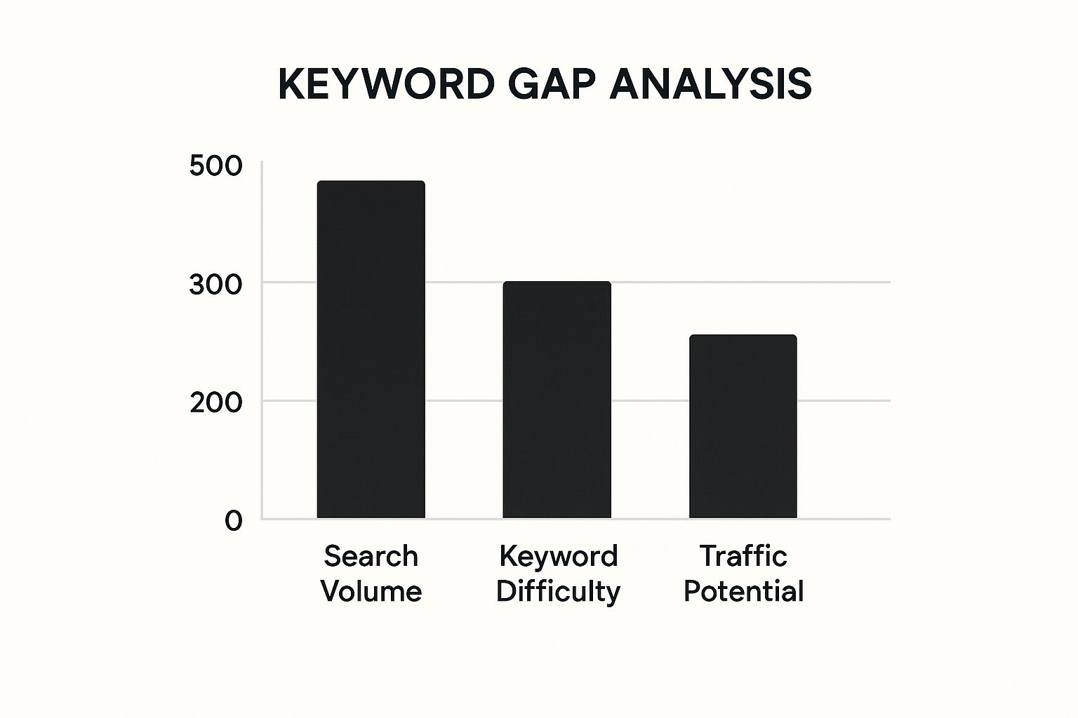 Infographic about keyword gap analysis, showing a bar chart comparing Search Volume, Keyword Difficulty, and Traffic Potential.