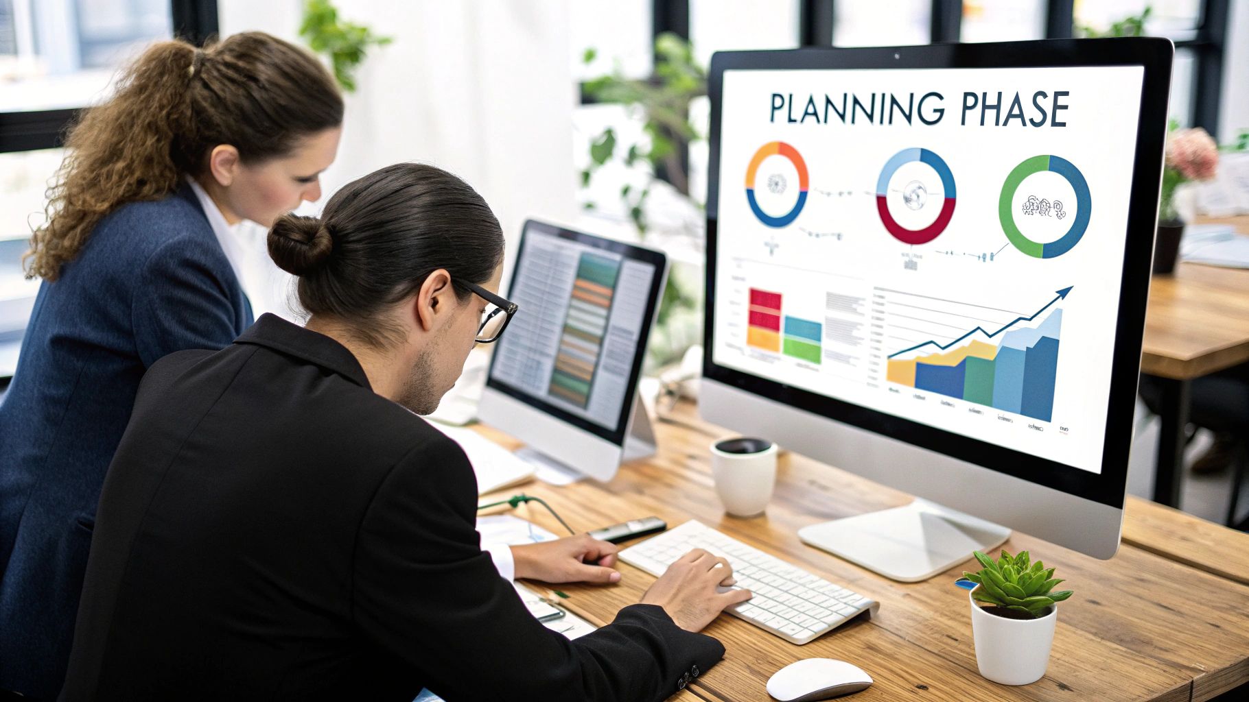An image showing a person working on a laptop with SEO audit data on the screen, representing the process of conducting a thorough audit