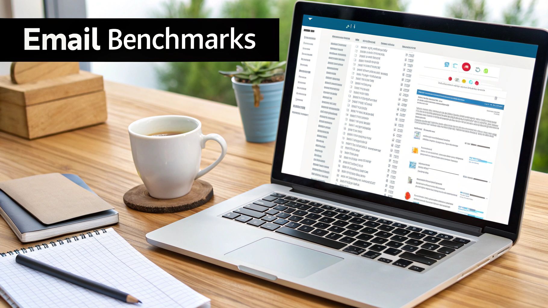 An infographic showcasing various email marketing benchmark statistics from Mailchimp's report, such as open rates and click rates by industry.