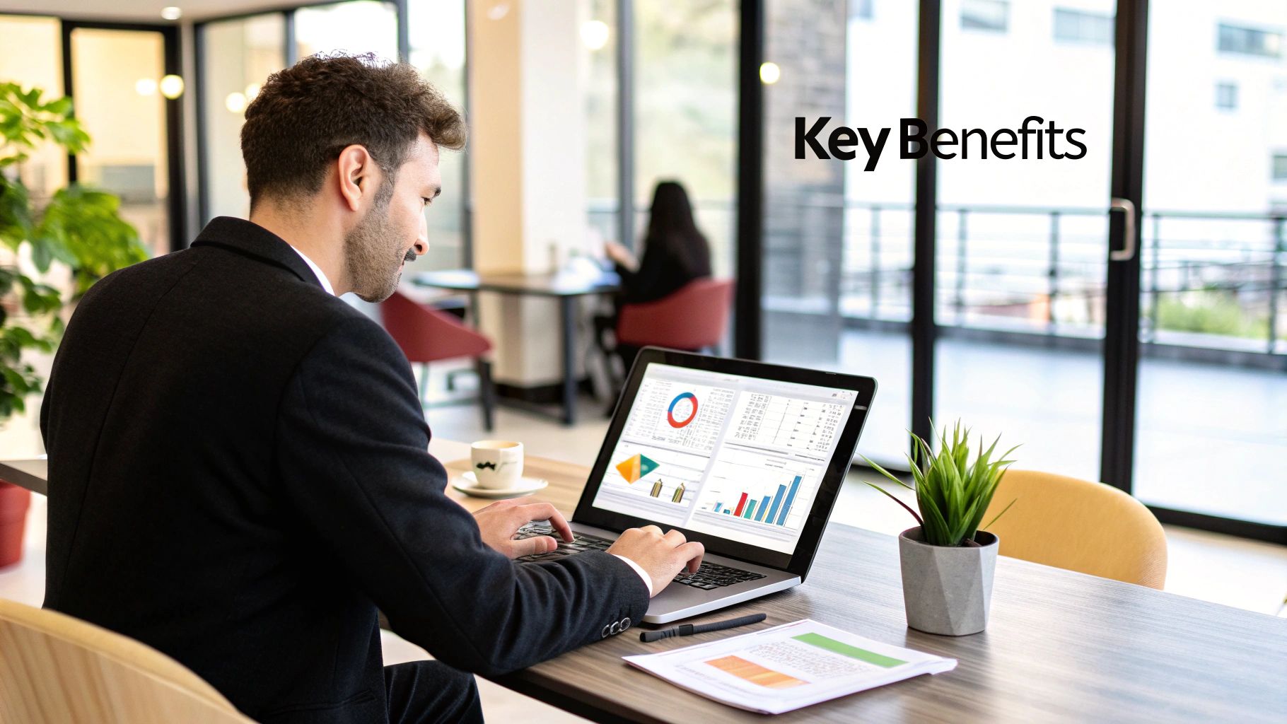 Man looking at a screen with charts, analyzing competitor data for keyword gap analysis.