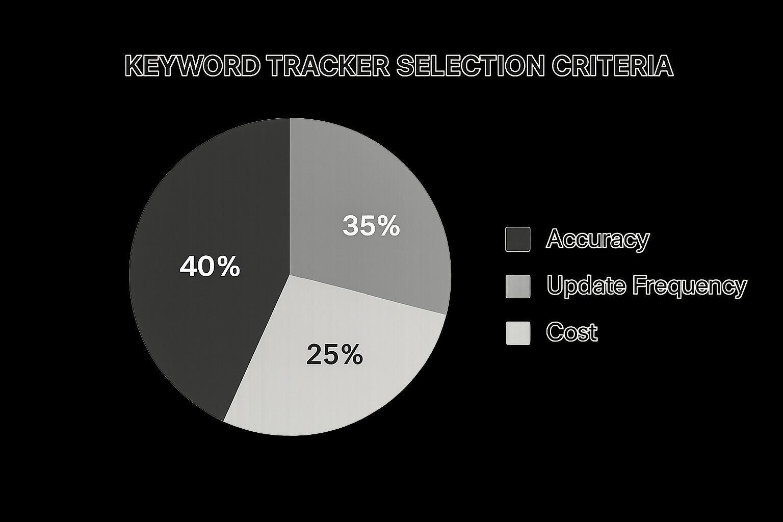 An infographic about keyword rank trackers showing a pie chart with Accuracy at 40%, Update Frequency at 35%, and Cost at 25%.