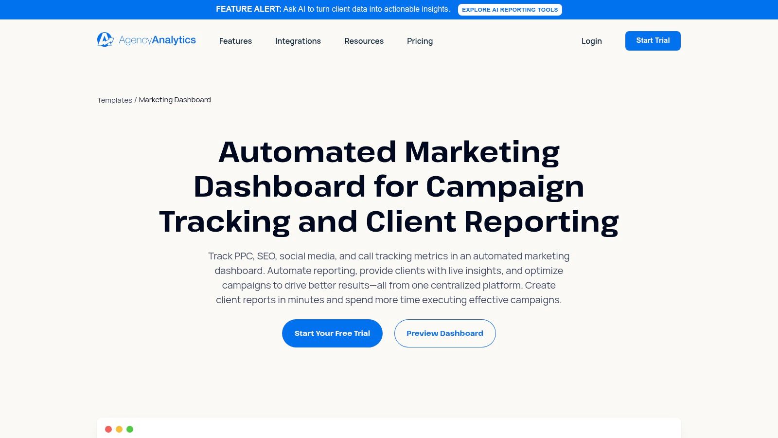AgencyAnalytics marketing dashboard example showing SEO and website metrics