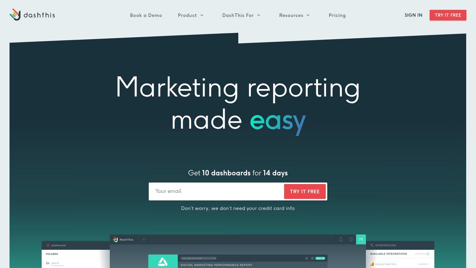 DashThis marketing dashboard example showing SEO and content metrics