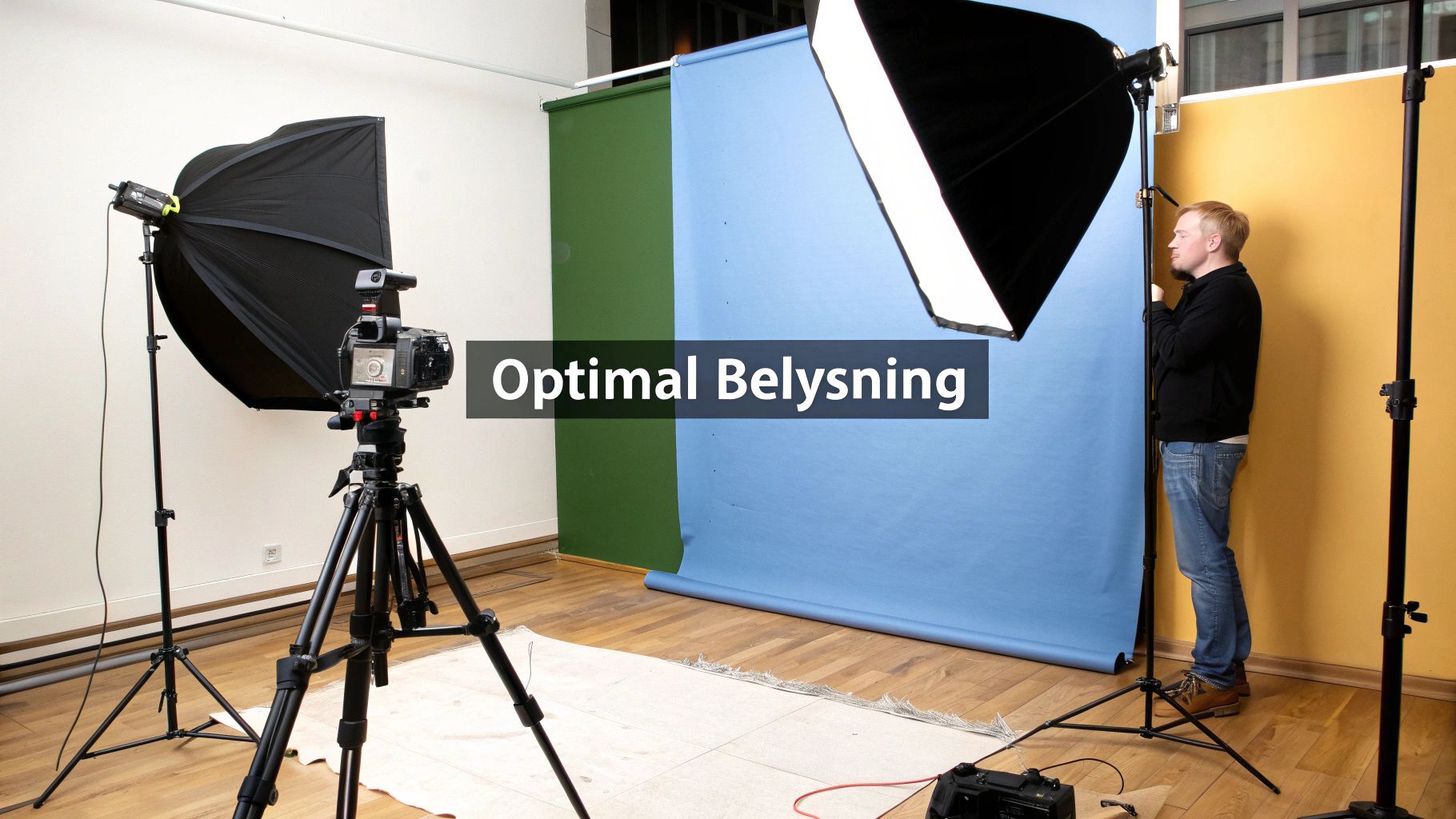 En kvinde sidder ved et skrivebord, belyst af en softbox lampe, hvilket skaber et flatterende og professionelt lys.