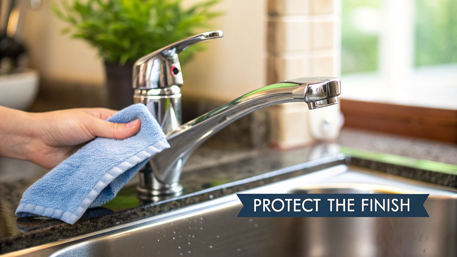 A hand cleans a shiny chrome kitchen faucet with a blue microfiber cloth over a stainless steel sink.