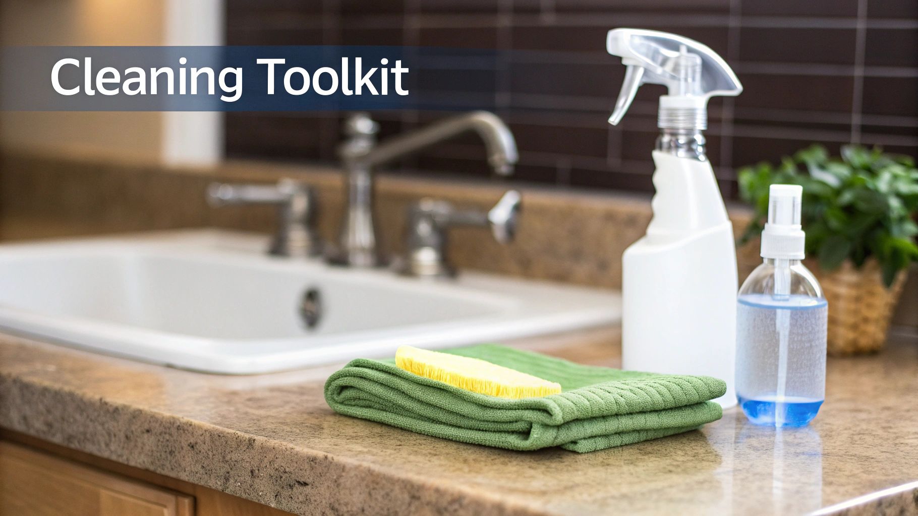 Cleaning supplies, including spray bottles, a cloth, and a brush, on a kitchen countertop.