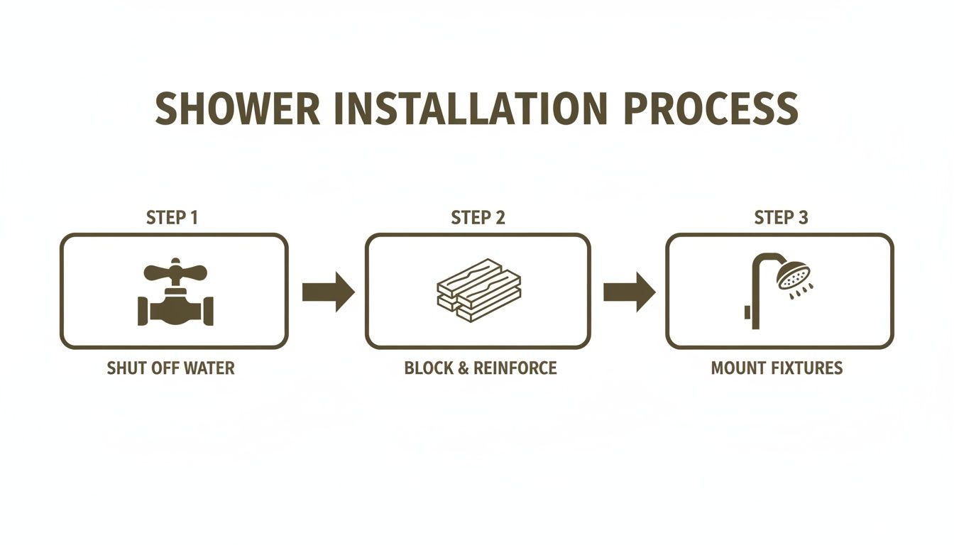 Diagram illustrating a three-step shower installation process: shut off water, block, reinforce, and mount fixtures.