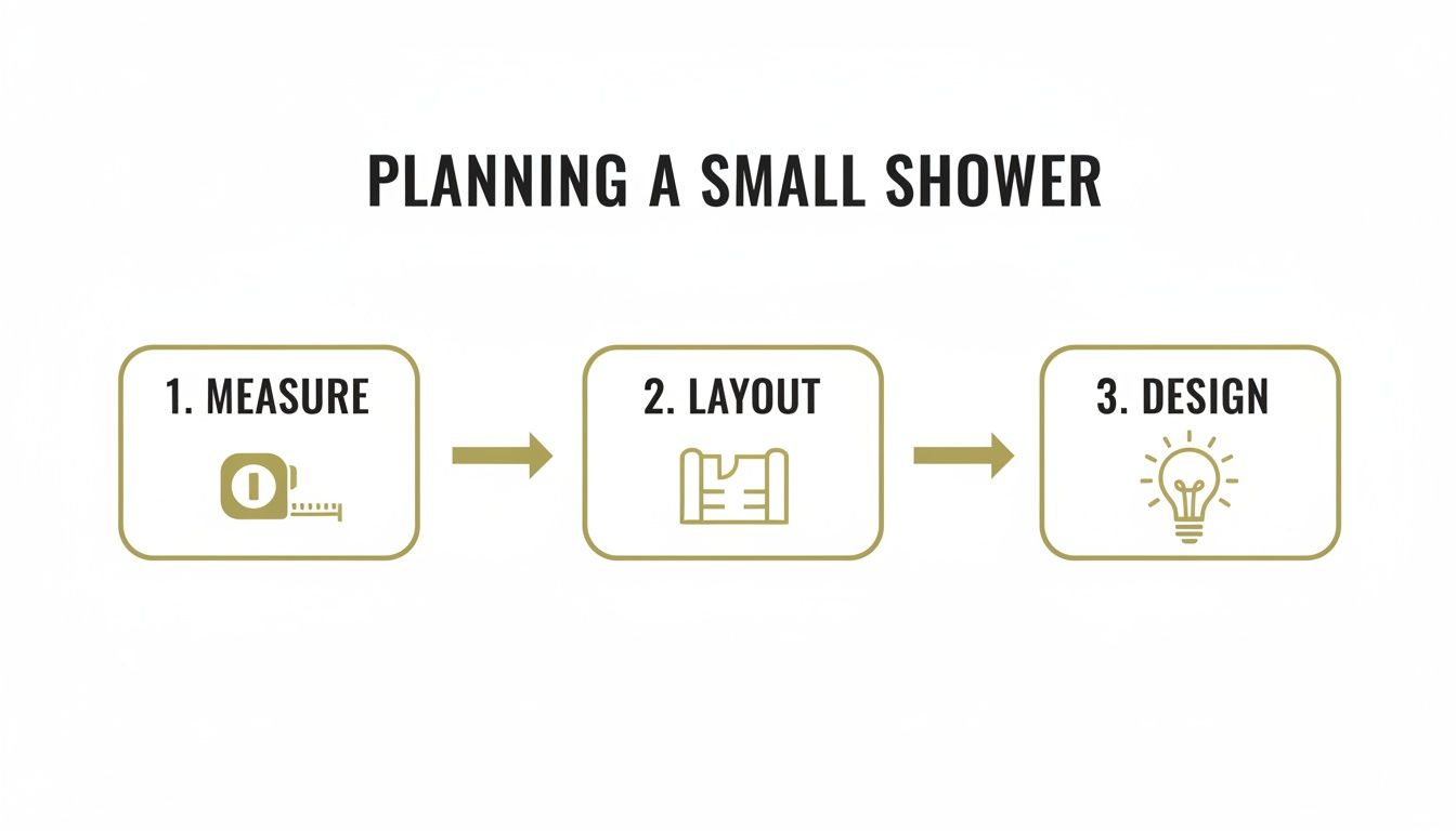 A three-step diagram illustrates the process of planning a small shower: 1. Measure, 2. Layout, and 3. Design.