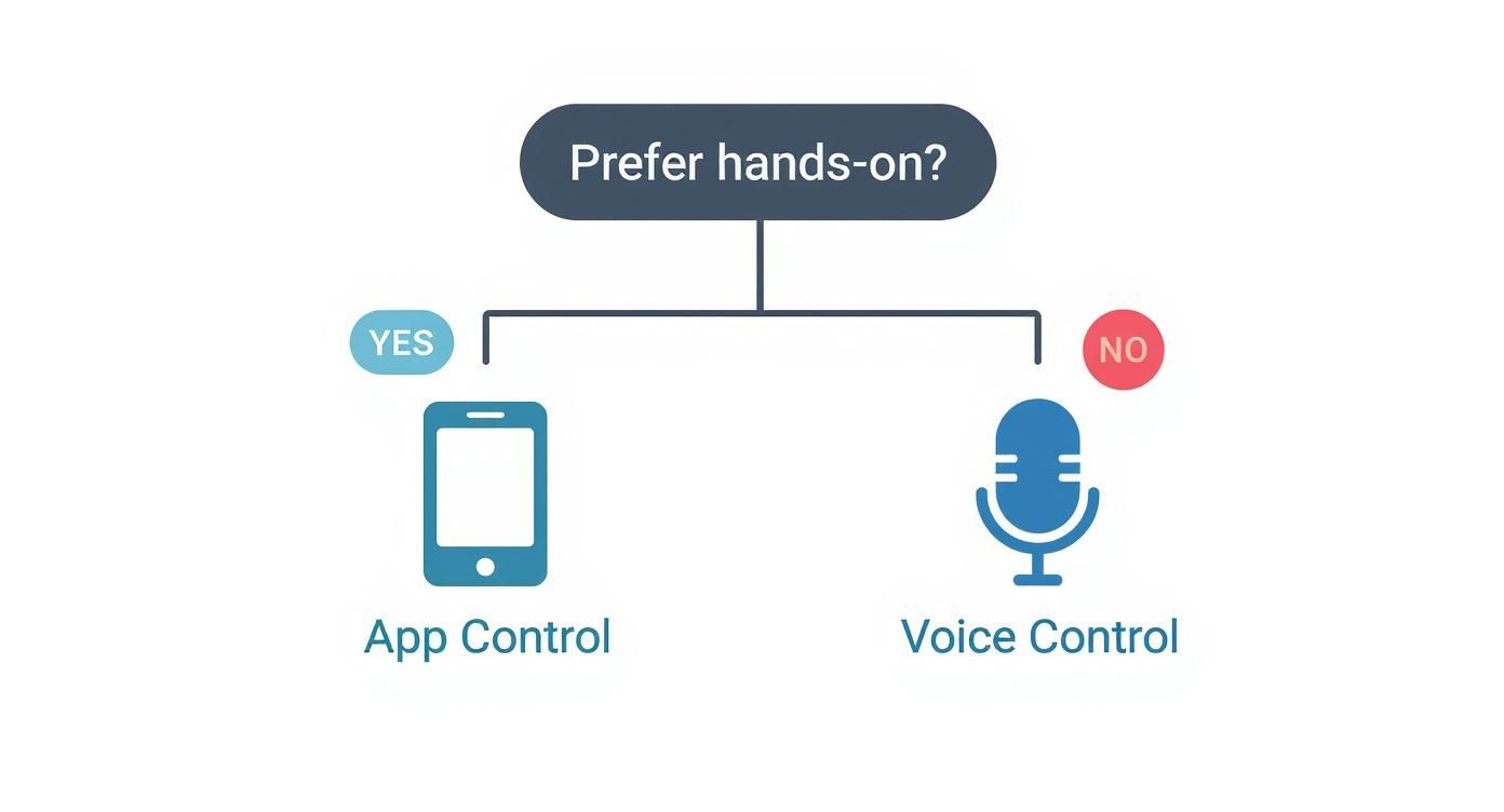 Infographic decision tree comparing app control for hands-on preference and voice control for hands-free preference.