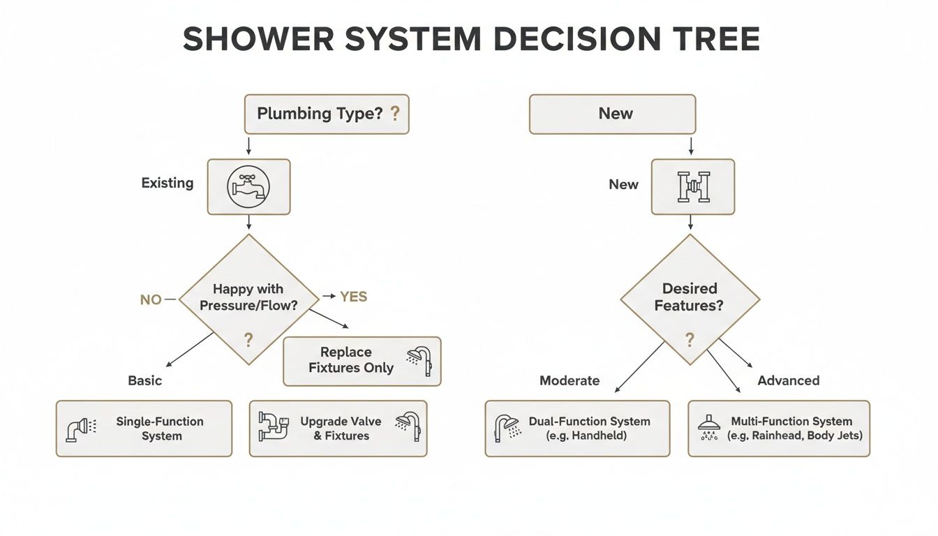 A decision tree for selecting a shower system based on existing or new plumbing and desired features.