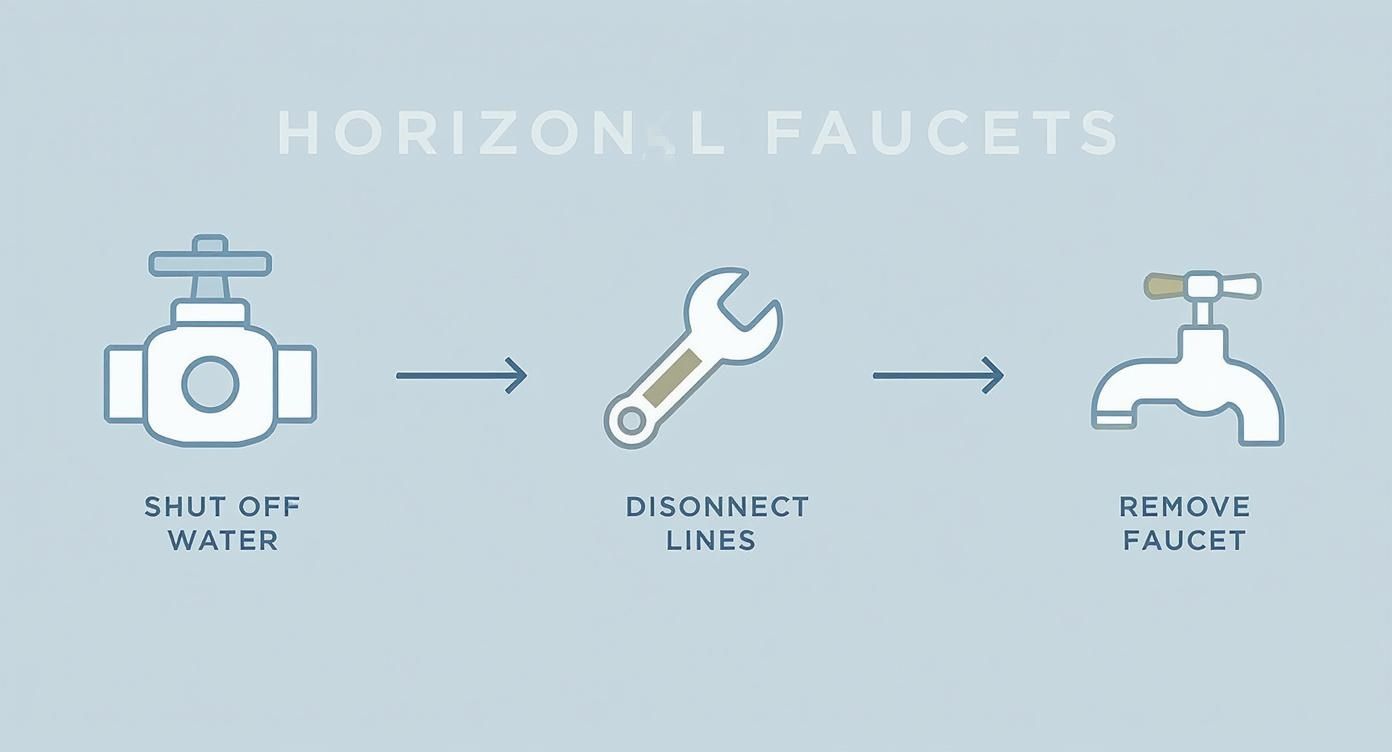 Infographic showing the process flow of removing an old faucet with icons for shutting off water, disconnecting lines, and removing the faucet.