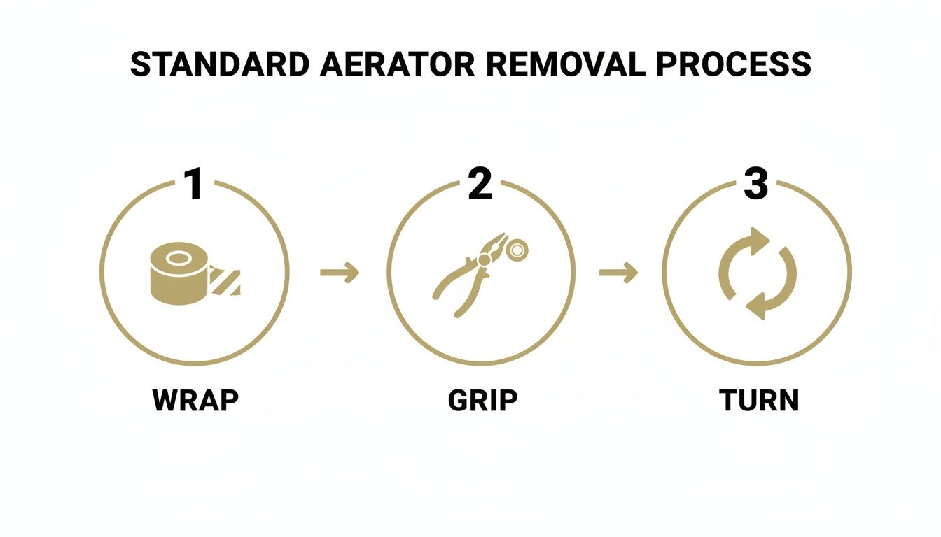 A three-step diagram illustrates the standard aerator removal process: wrap, grip, and turn.