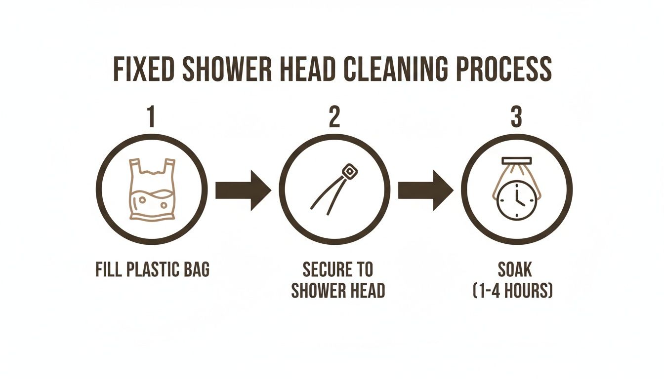 A three-step infographic shows how to clean a fixed shower head: fill a plastic bag, secure it to the shower head, and soak for 1-4 hours.