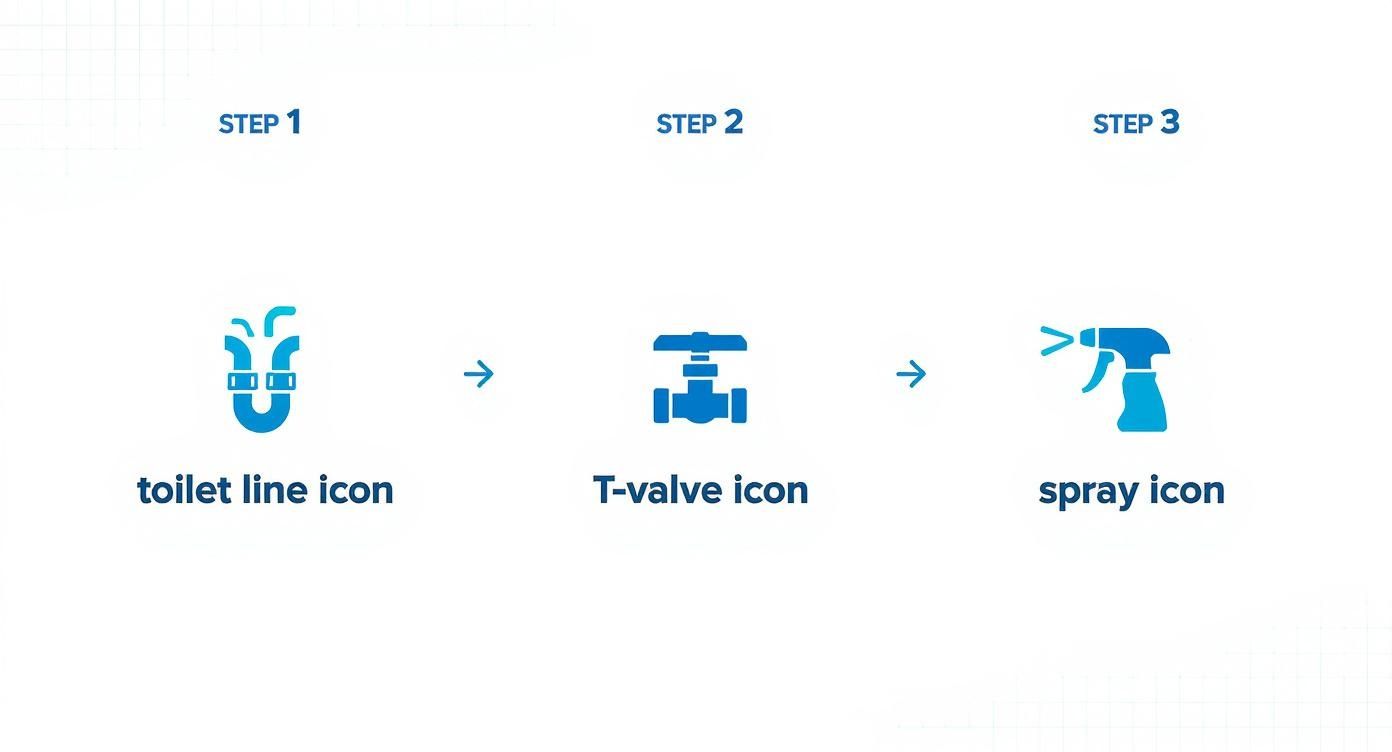 Three steps illustrating plumbing connections: toilet line, T-valve, and a bidet spray icon.