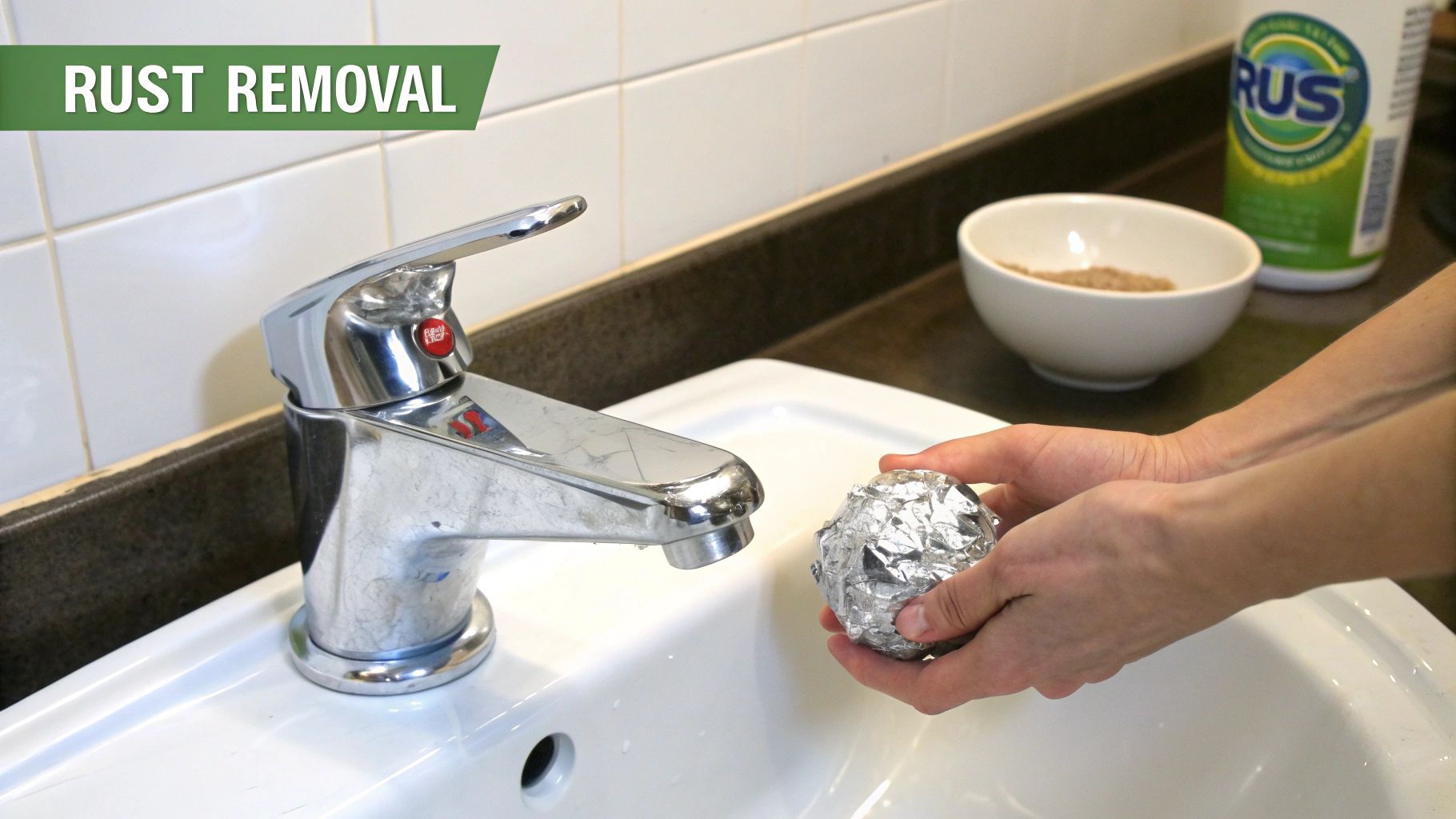 Person using aluminum foil to clean a rusty chrome faucet in a bathroom sink, with rust remover visible.