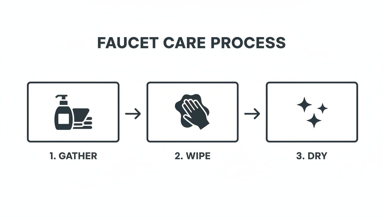 一张三步信息图，展示了水龙头保养的过程：准备用品、擦拭、晾干使其光亮。
