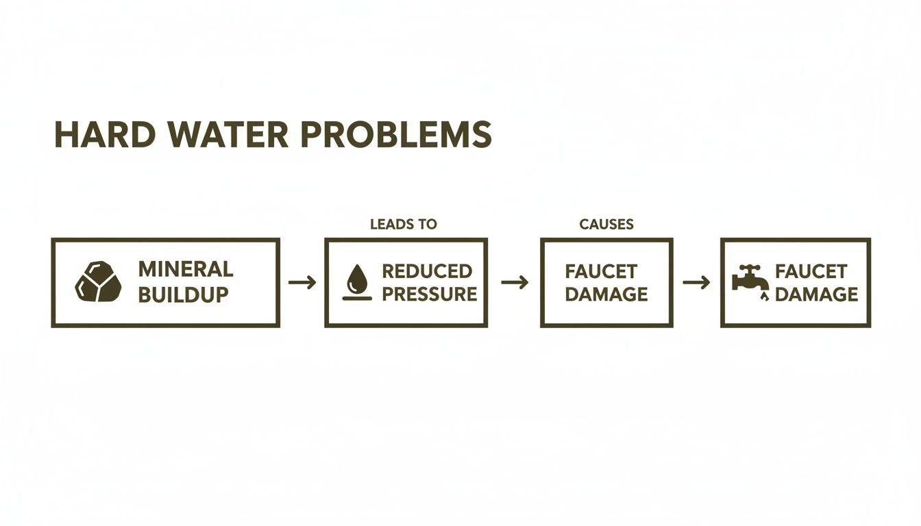 Flowchart illustrating hard water problems, including mineral buildup, reduced pressure, and faucet damage.