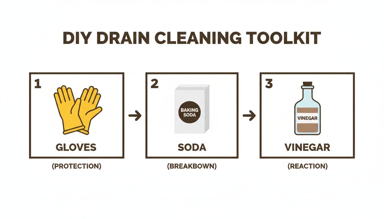 Diagram showing a DIY drain cleaning toolkit with gloves, baking soda, and vinegar for natural unclogging.