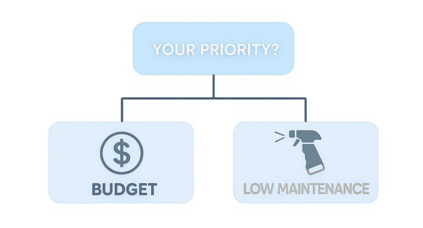 A flowchart asking 'Your Priority?' leading to options: 'Budget' (with dollar sign) or 'Low Maintenance' (with spray bottle).