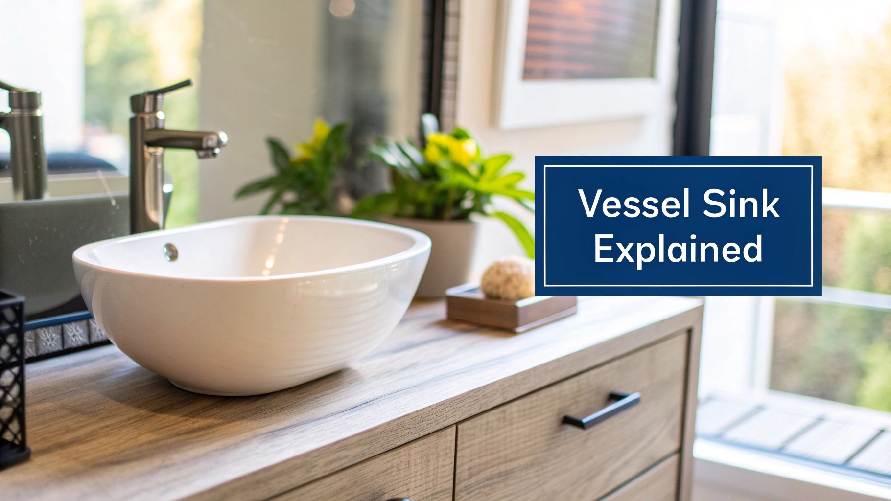 A modern bathroom features a white vessel sink on a wooden vanity with a chrome faucet.