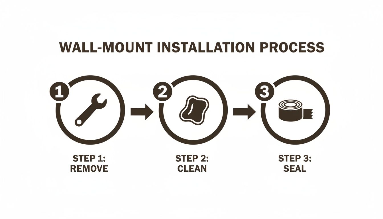 A three-step diagram illustrating the wall-mount installation process: remove, clean, and seal.