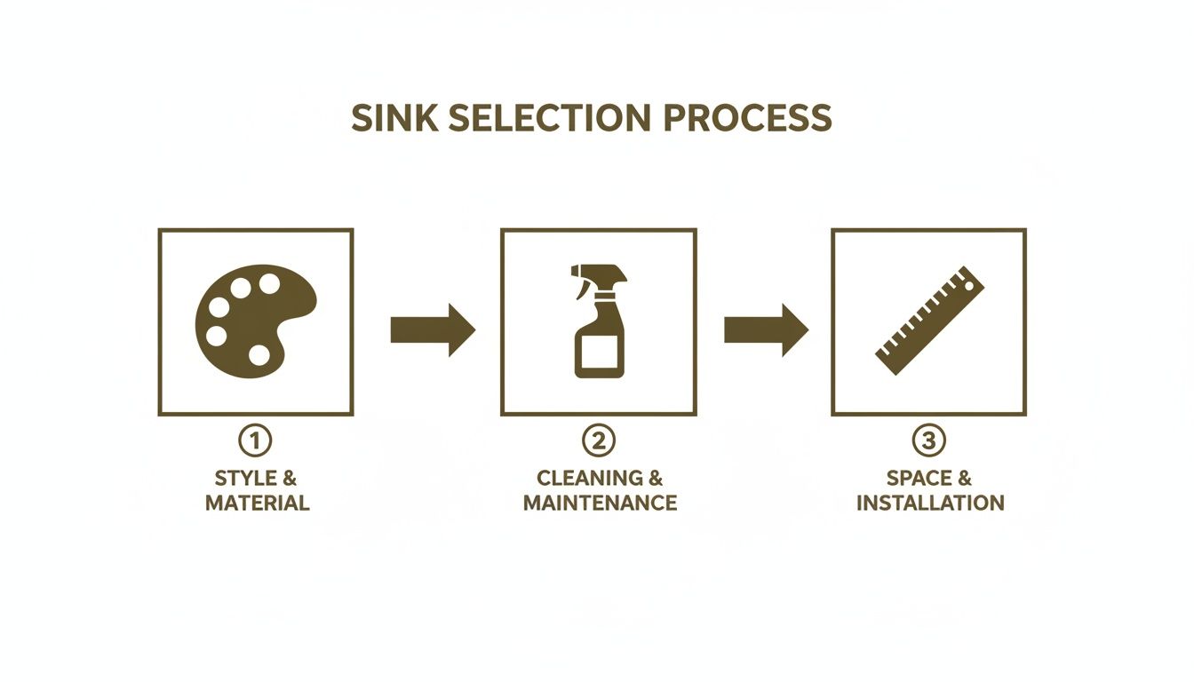 A three-step sink selection process with icons for style, cleaning, and space planning.