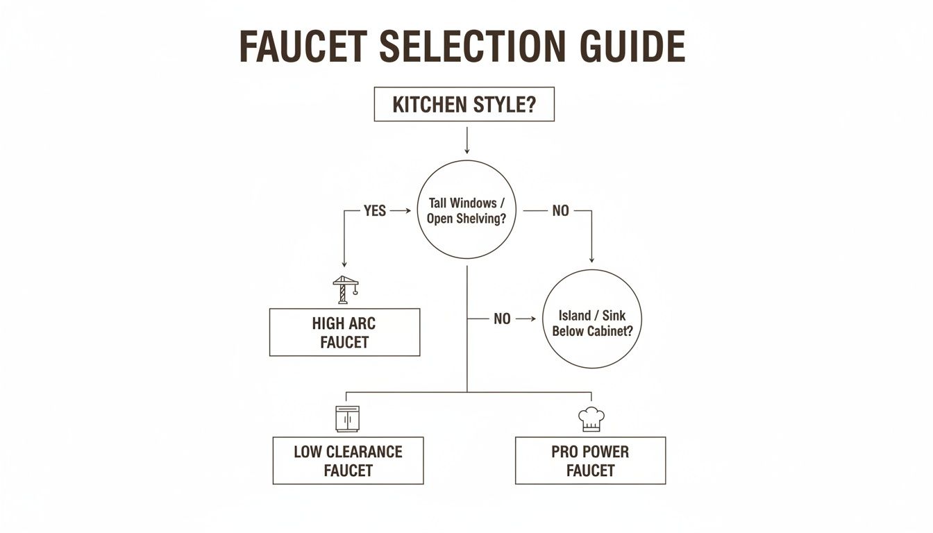 A faucet selection guide flowchart, helping users choose a kitchen faucet based on various kitchen features.