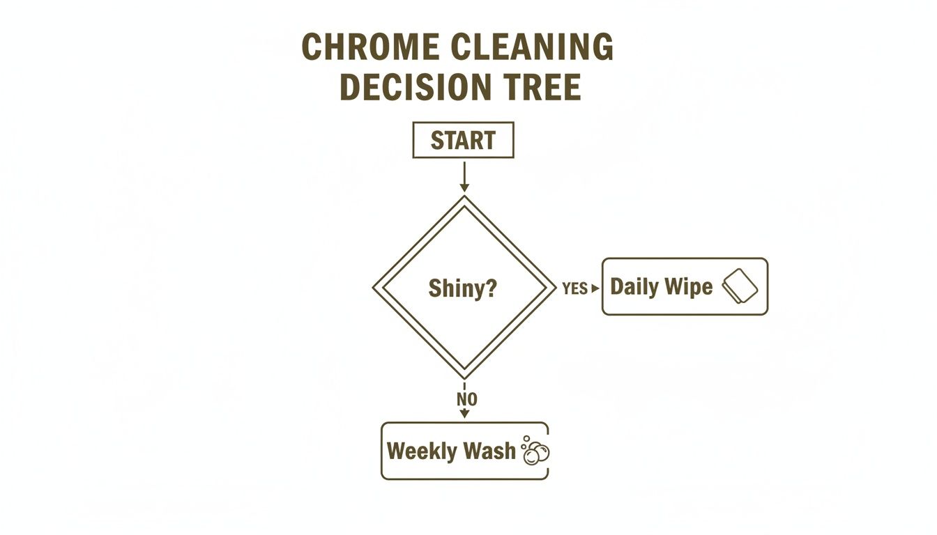 A chrome cleaning decision tree flowchart illustrates steps for daily wiping or weekly washing.