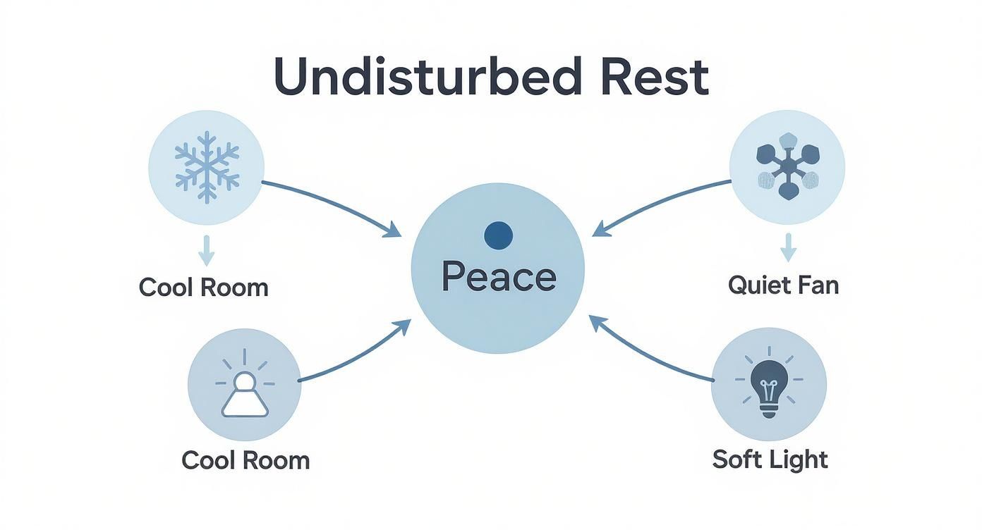 Diagram showing four elements contributing to peaceful undisturbed rest: cool room, quiet fan, and soft light