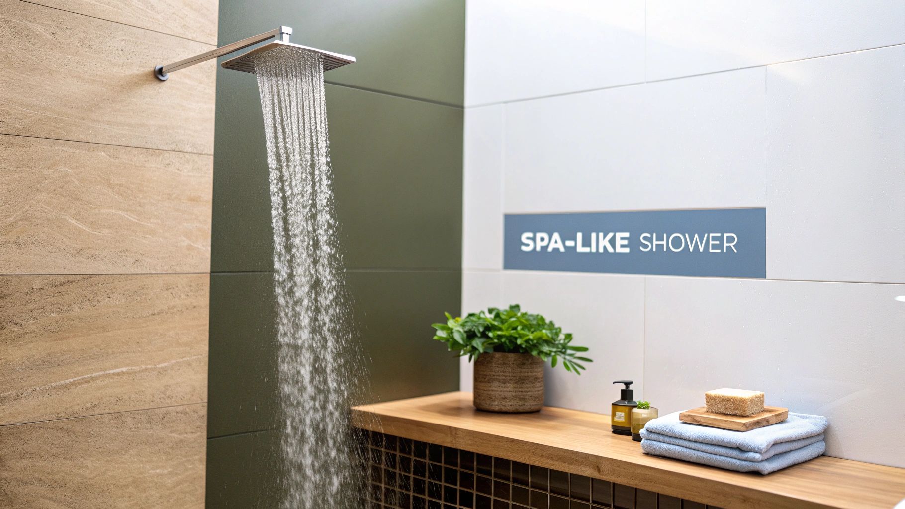 A modern bathroom with a rain shower in action, natural tiles, and spa-like amenities.