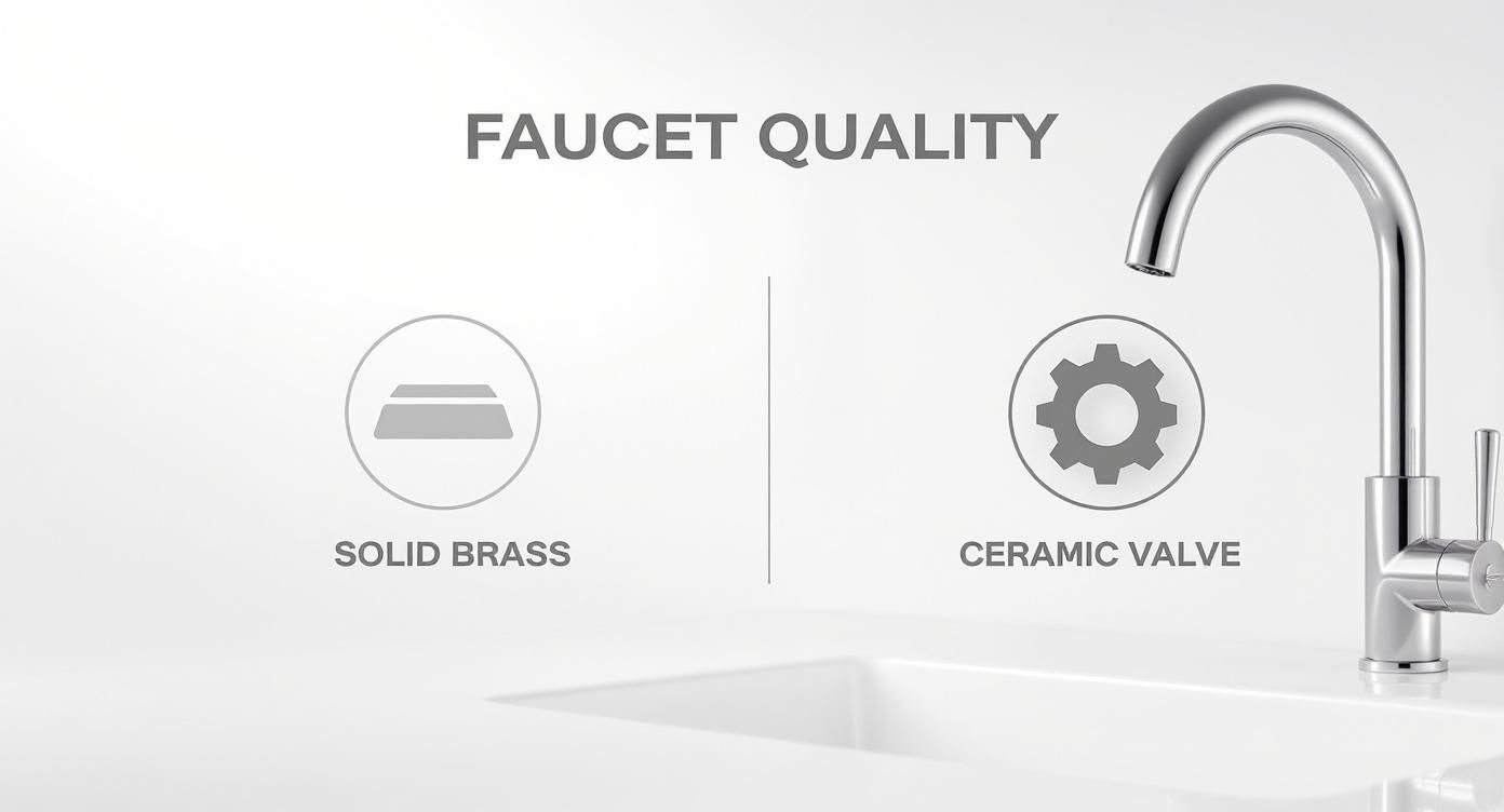 A chrome kitchen faucet next to text highlighting its solid brass and ceramic valve quality.