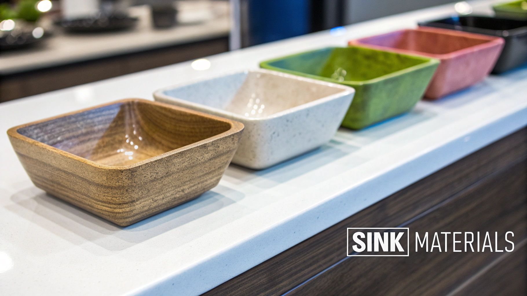 A row of various small, colorful square bowls on a white countertop, labeled 'SINK MATERIALS'.