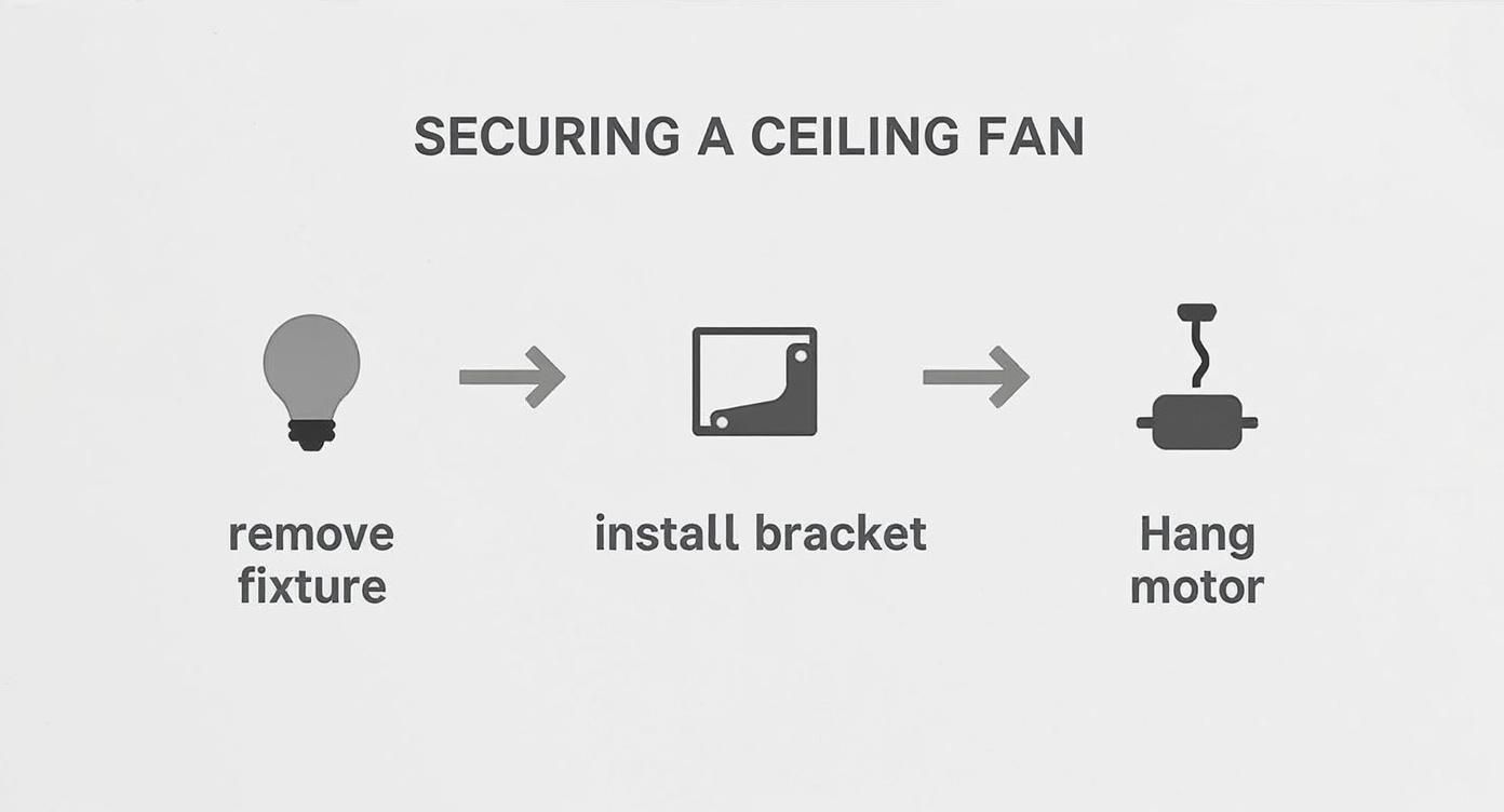 Infographic about ceiling fan light installation and precautions, covering how to install a ceiling fan with light, safety guide, and installation tips