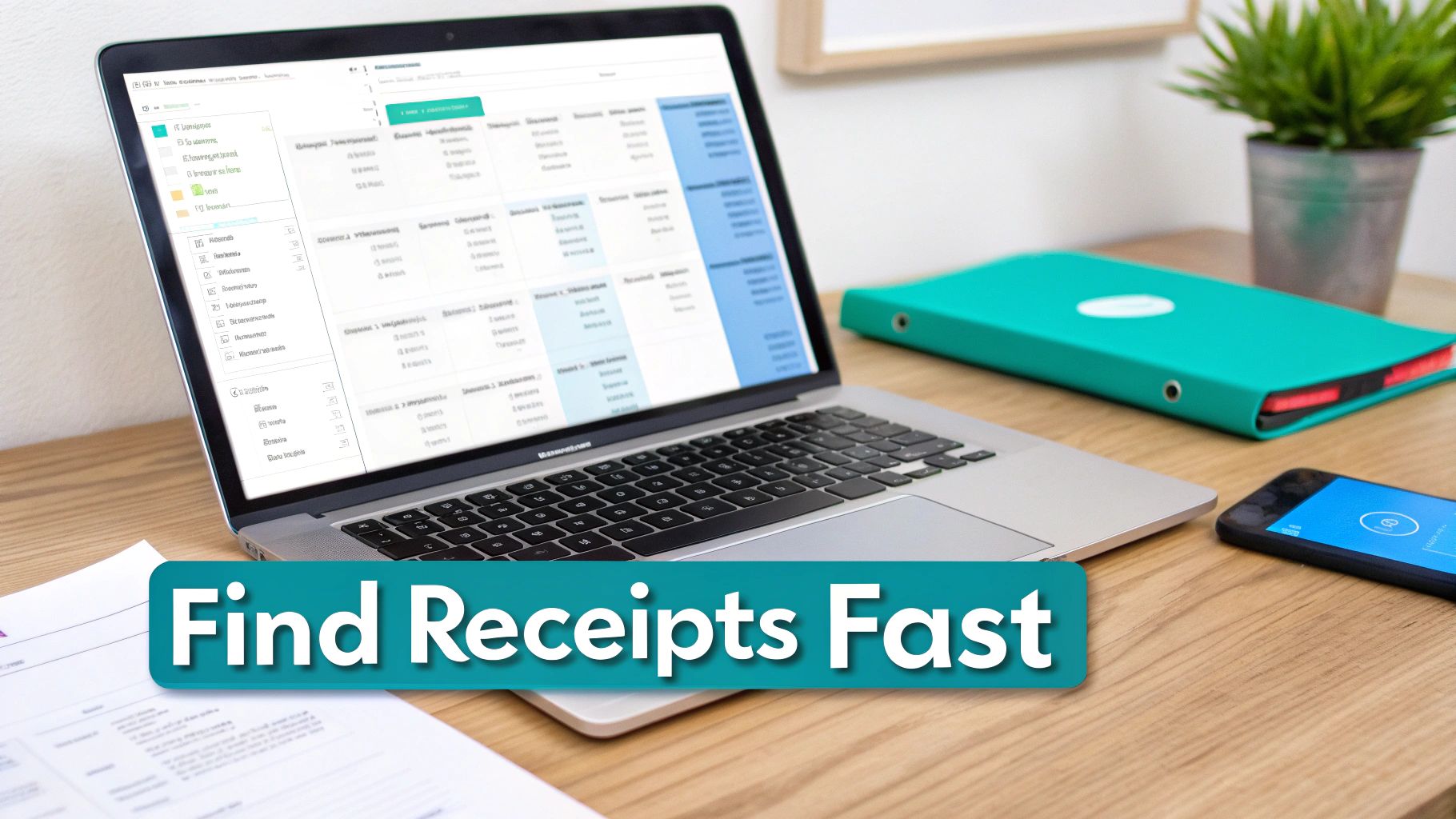 A laptop on a wooden desk displays a digital receipt management system, with a phone and teal folder nearby, and a 'Find Receipts Fast' banner.