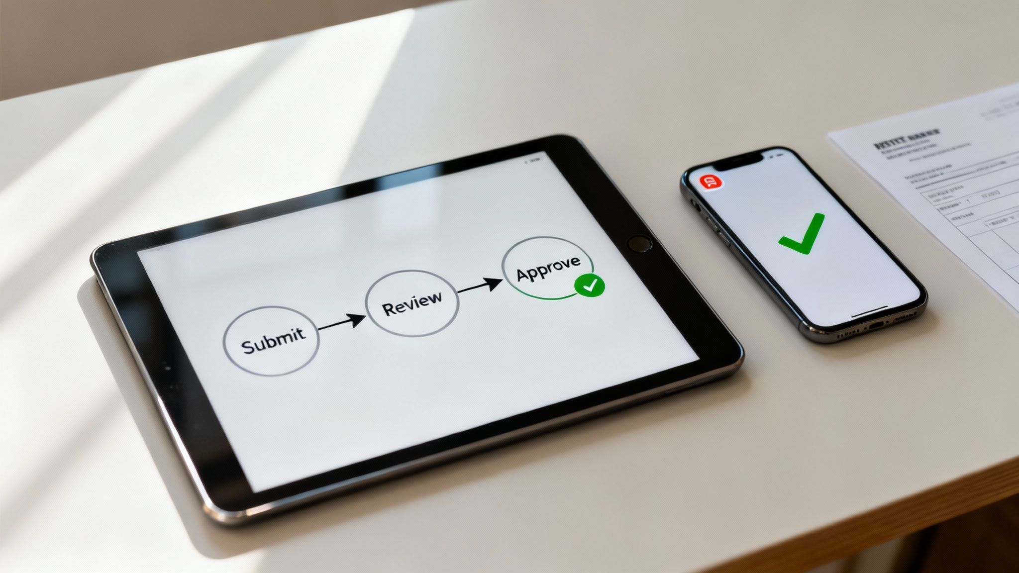 Digital workflow on a tablet showing submit, review, and approved steps, with a phone confirming approval.