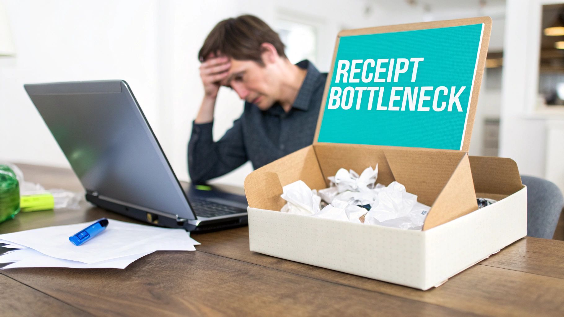 A stressed man at a laptop, looking at a box of crumpled receipts and a 'RECEIPT BOTTLENECK' sign.