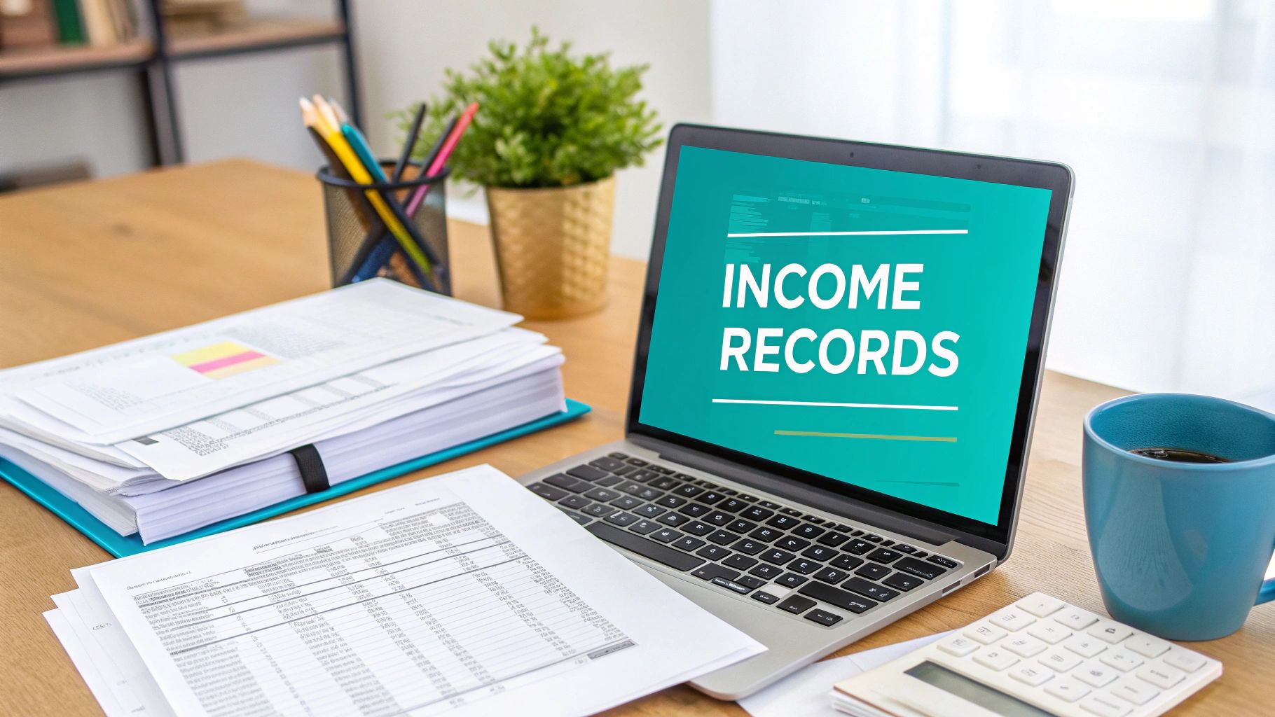 A laptop displays 'INCOME RECORDS' on a desk with financial documents, a calculator, and coffee.