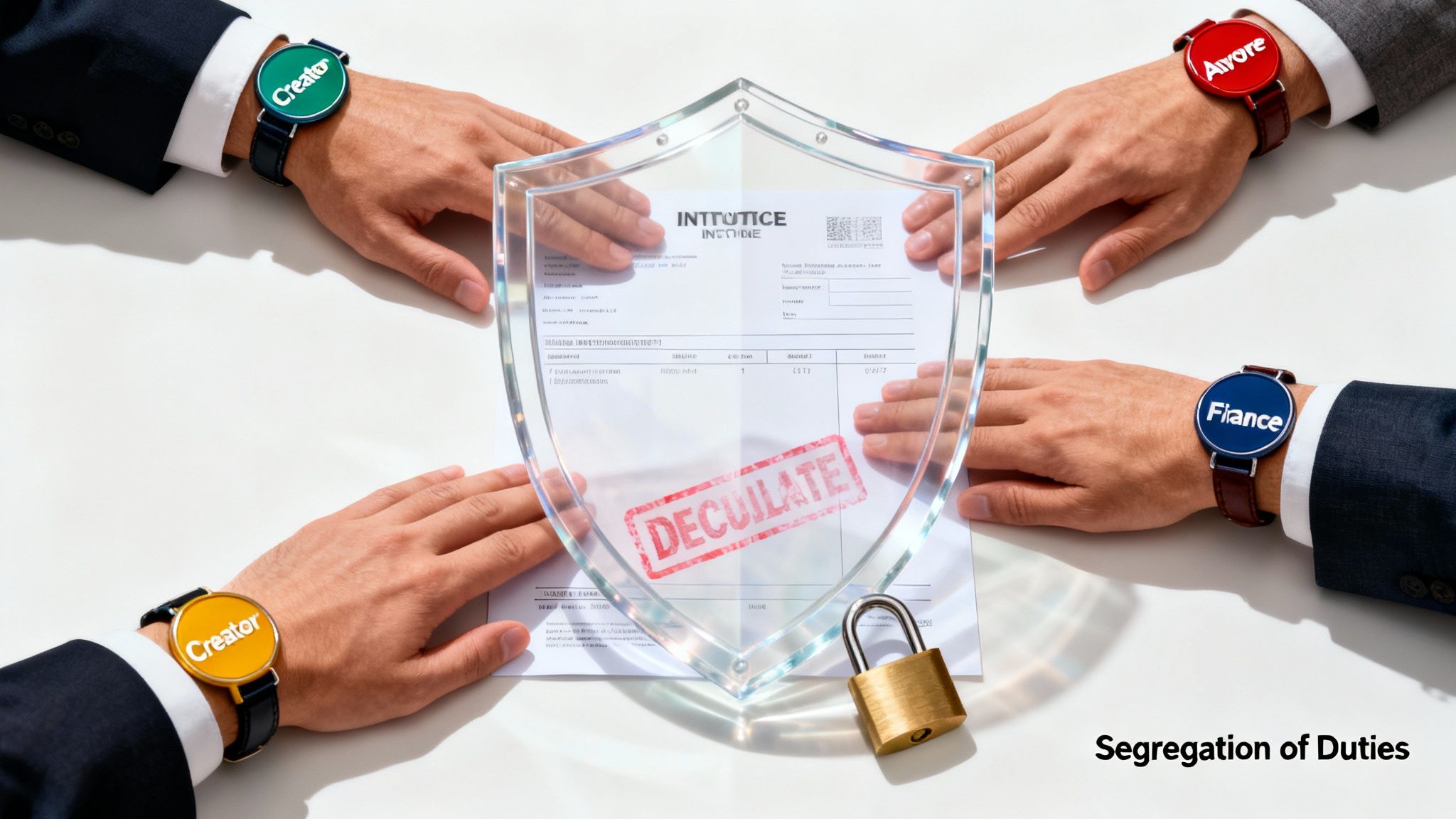 Four business hands with watches labeled "Creator", "Aiyore", "Fiance" around a document, demonstrating segregation of duties.