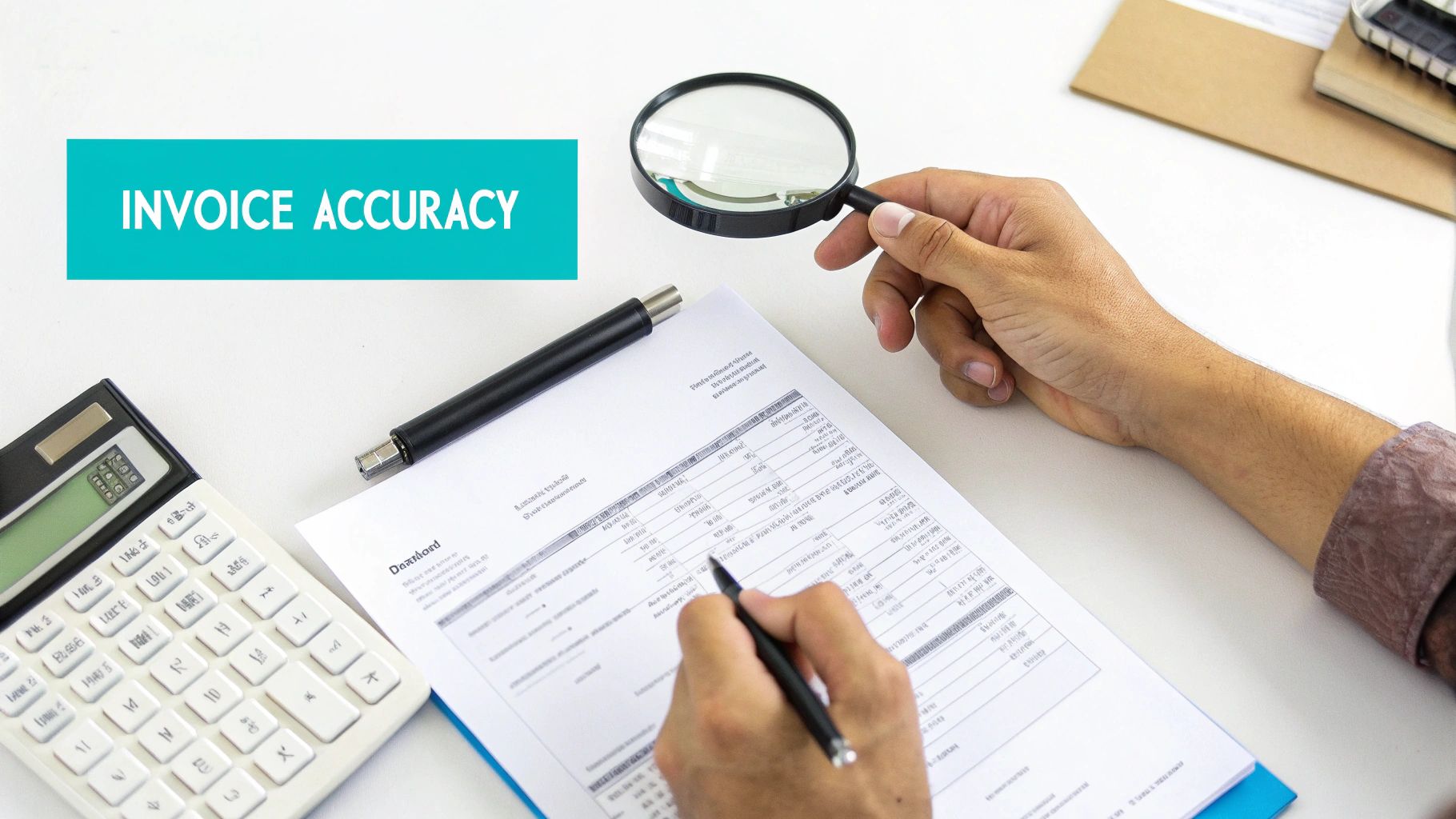 Hands reviewing an invoice with a magnifying glass and pen, next to a calculator, emphasizing invoice accuracy.