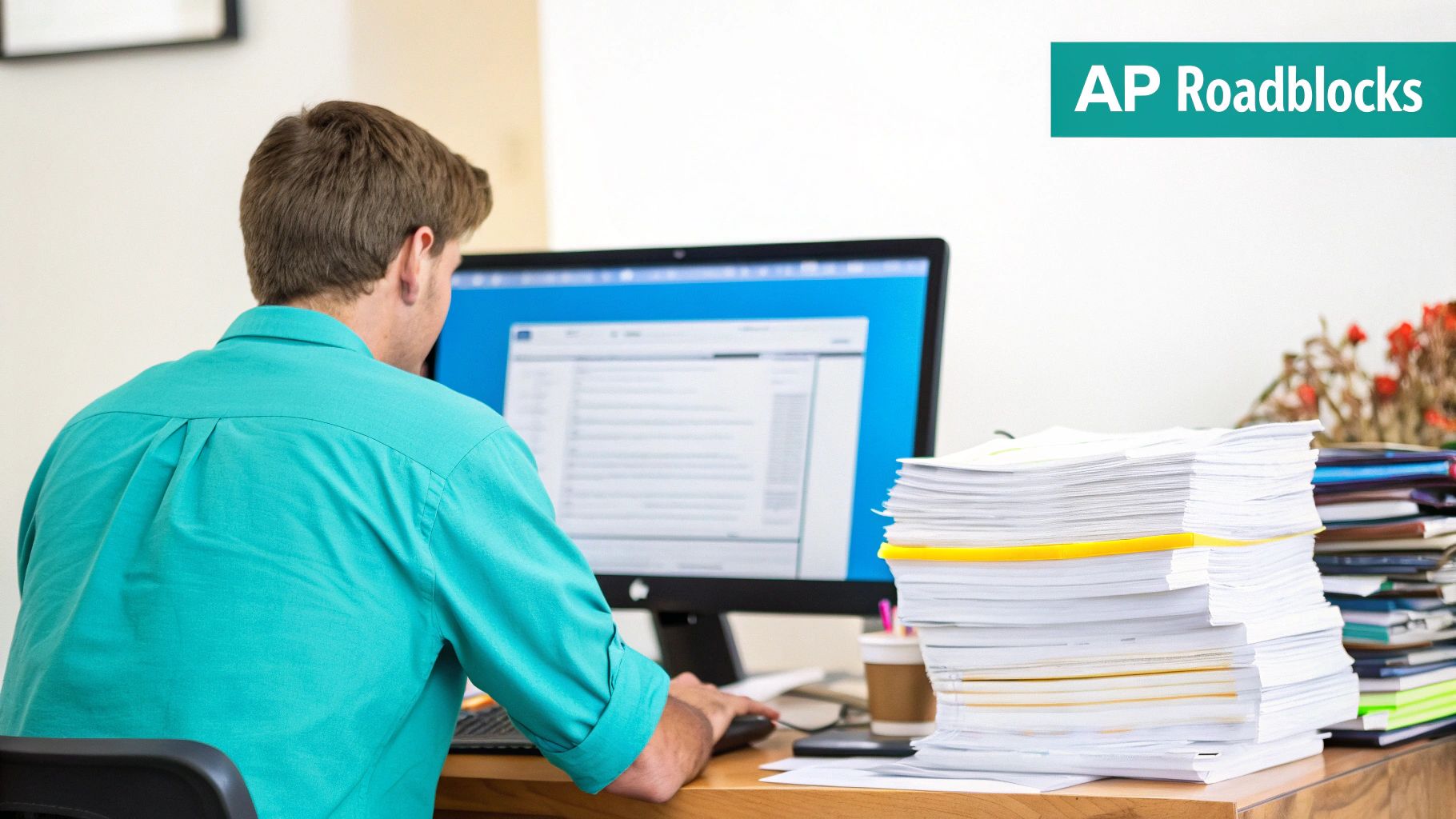 Rear view of a man working at a computer with stacks of papers on his desk.