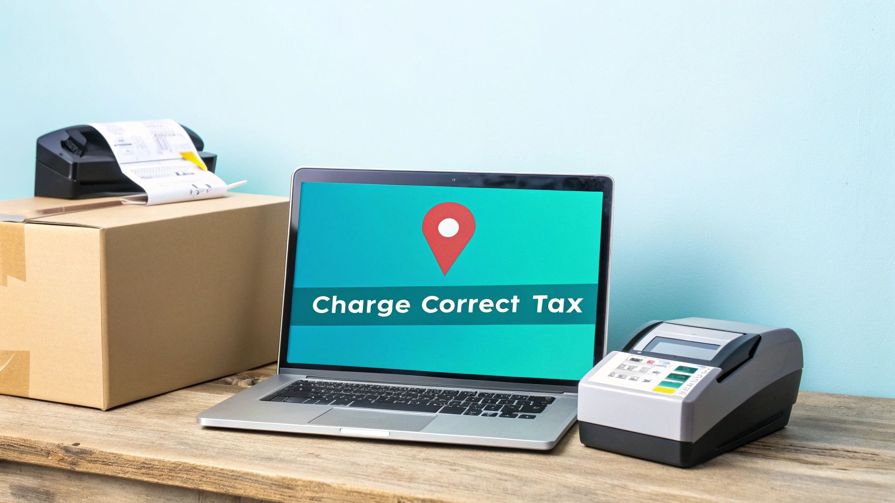 A laptop displaying 'Charge Correct Tax' with a location pin, alongside a credit card terminal, shipping box, and receipt printer.