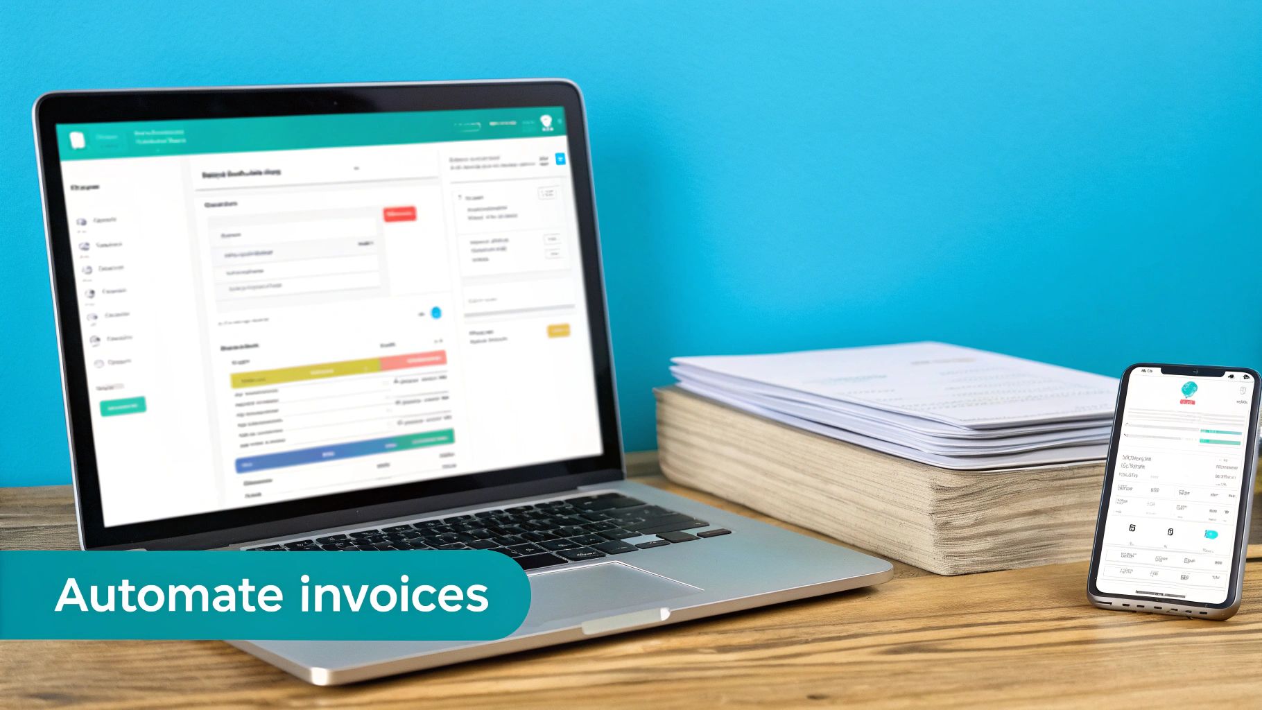 Laptop and smartphone displaying invoice automation software next to a stack of papers on a desk.