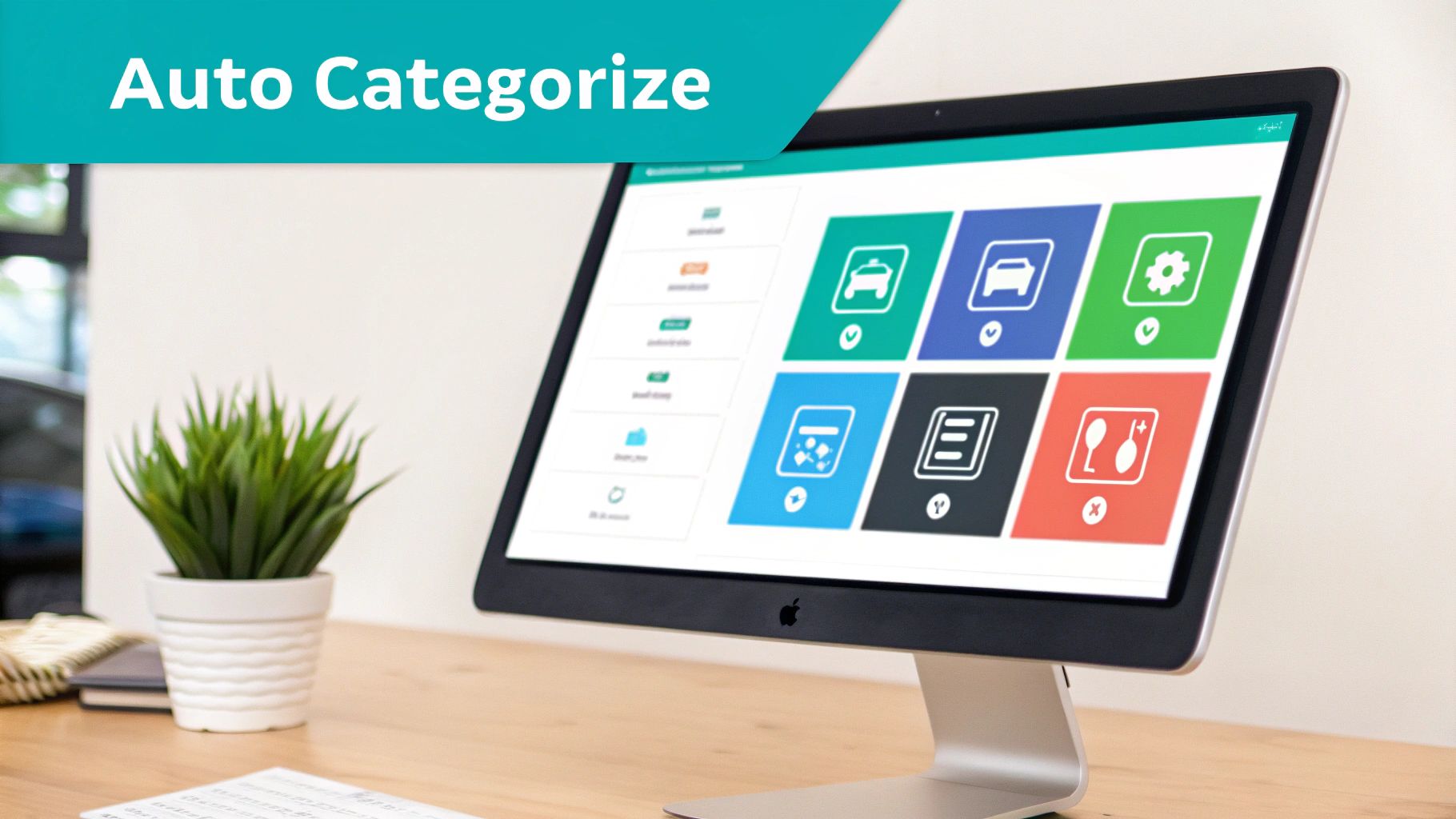 A desktop monitor displaying an application with icons for auto categorization on a wooden desk.