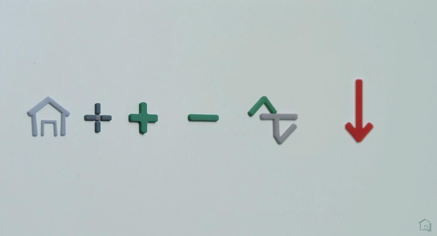 Sequence of accounting symbols: home, plus, minus, and arrows, on a white background.