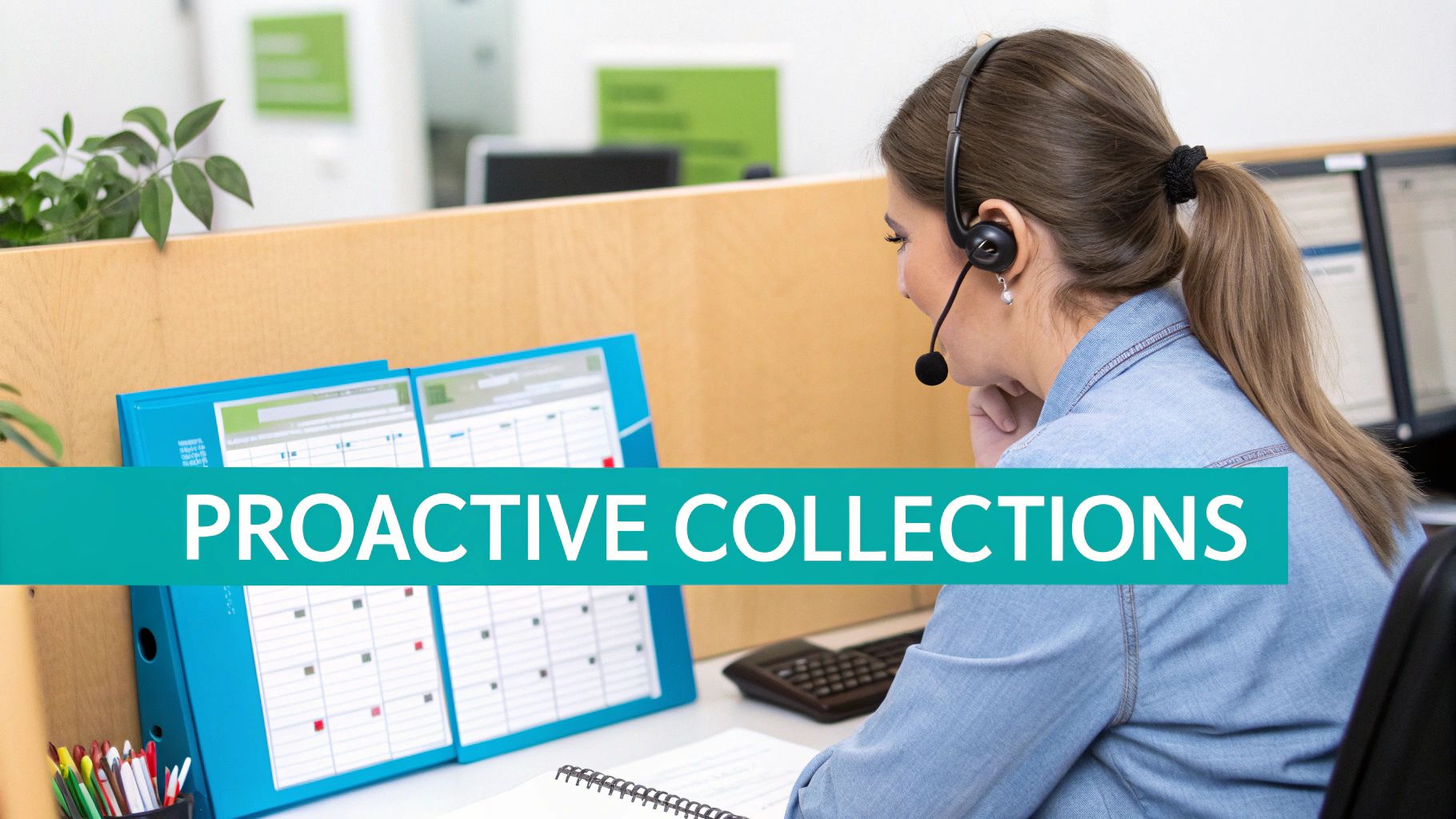 A woman in a headset works at a desk, looking at a calendar for proactive collections.
